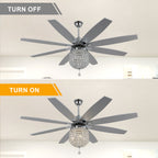DC6504-BellaDepot 65" 8 Wooden Blades Silver Finish Crystal Reversible Ceiling Fan with Remote and 3 Lights, Large Size 6-speed Ceiling Fan