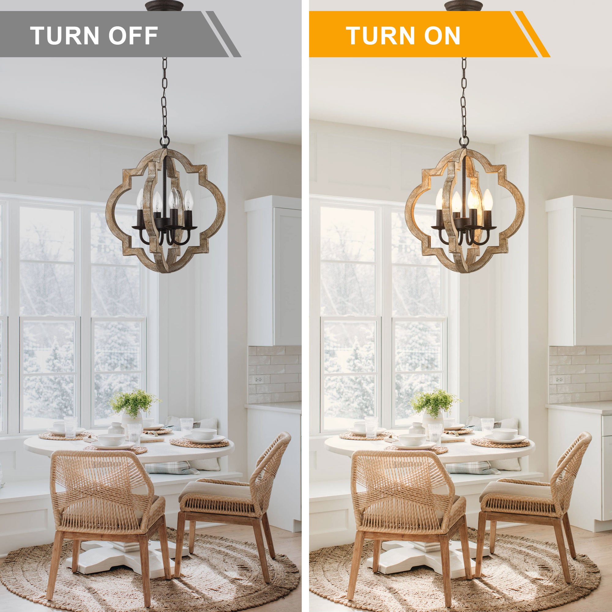 4 - Light Farmhouse Solid Wood Chandelier, Orb Geometric Chandelier Hanging Chandelier Wood Light Fixture Rustic Wooden Chandelier