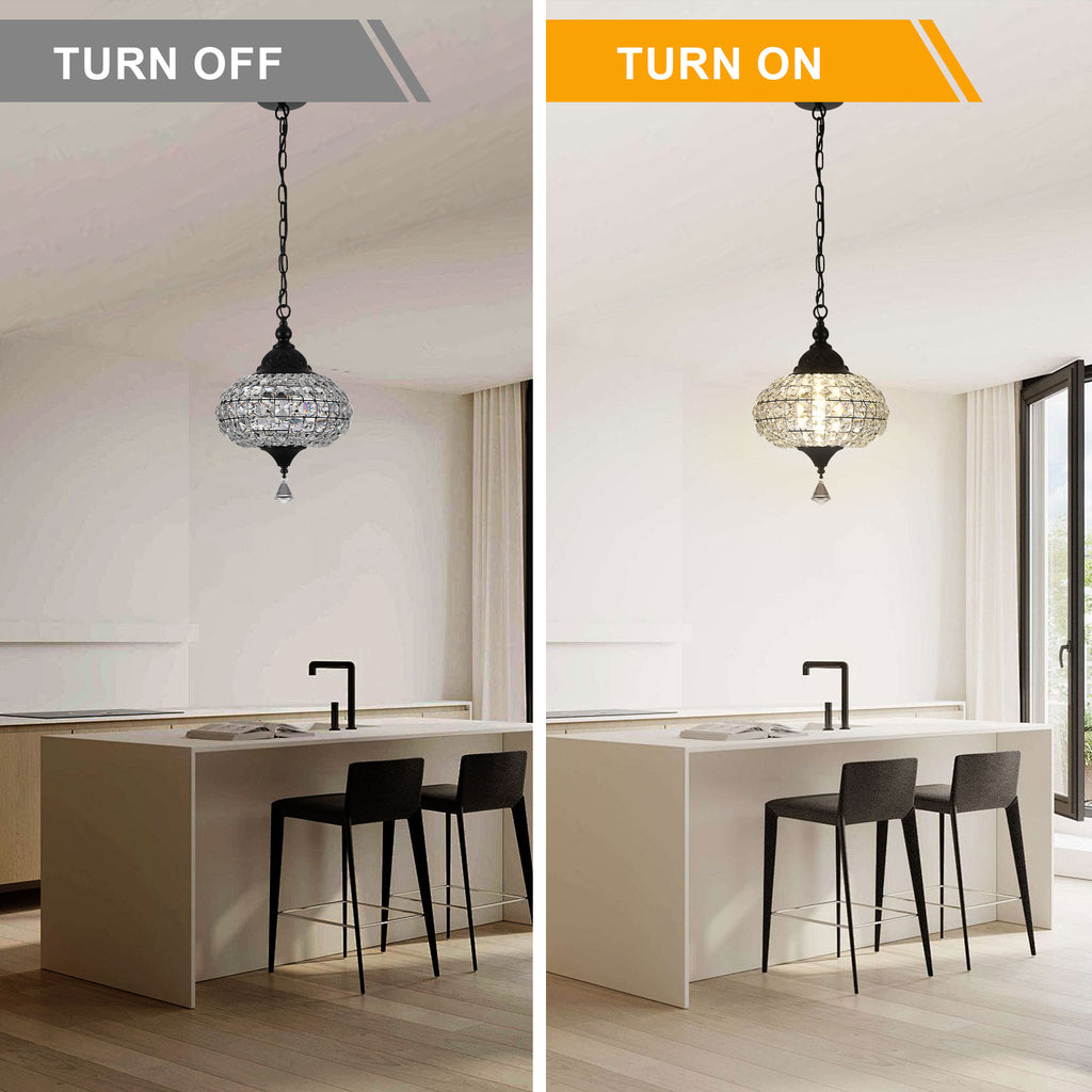 1 - Light Black/Chrome Globe Crystal Pendant Light with LED, 11.2" Dining Room Light Fixtures Kitchen Island Light