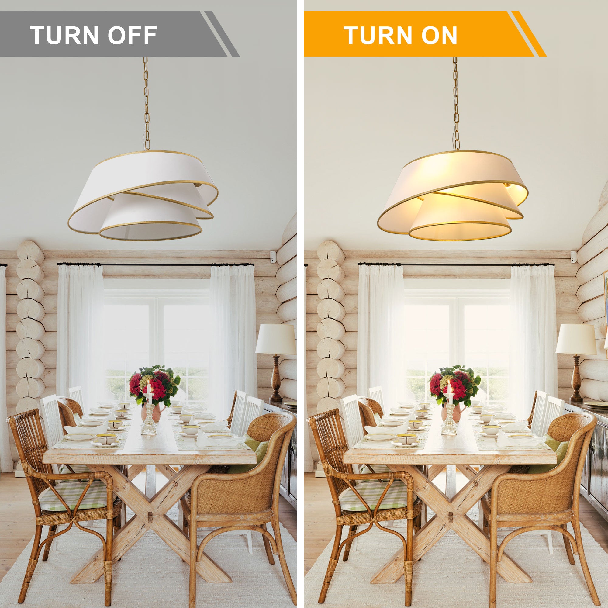 4-Light Mid Century Modern Drum Chandelier, Three-Tier Gold Chandelier with Fabric Shades, Modern Drum Light Fixtures for Dining Room
