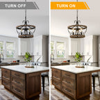 3 - Lights Farmhouse Drum Chandelier, 13" Wooden Chandelier for Dining Room with Height Adjustable