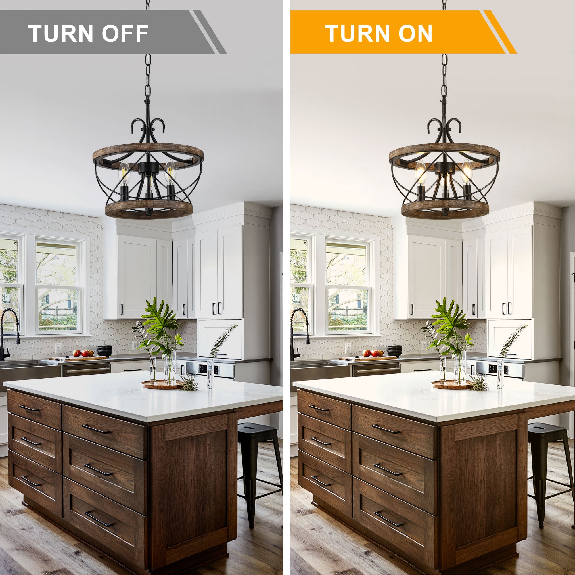3 - Lights Farmhouse Drum Chandelier, 13" Wooden Chandelier for Dining Room with Height Adjustable