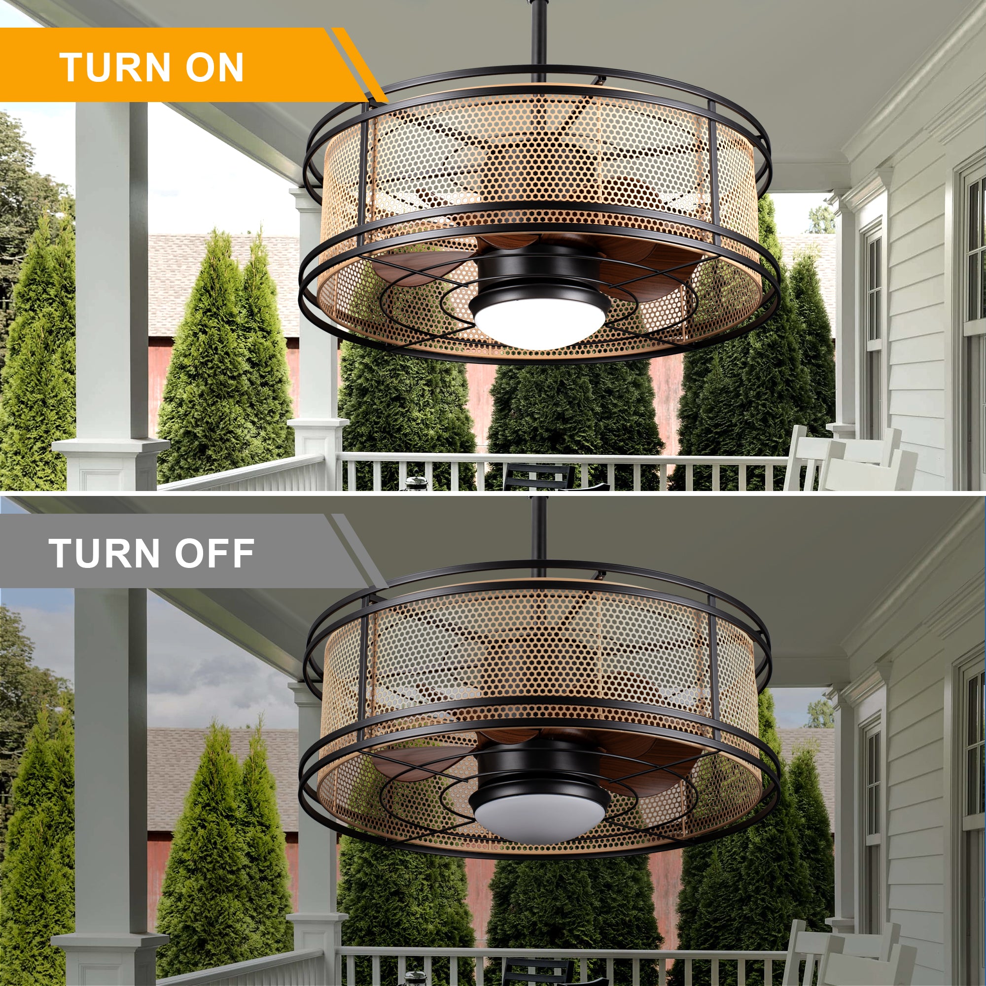 HW2307-BellaDepot 23.6" Imitation Rattan Outdoor Ceiling Fan with Remote and LED Lights, DC Motor 6 Speeds Ceiling Fan