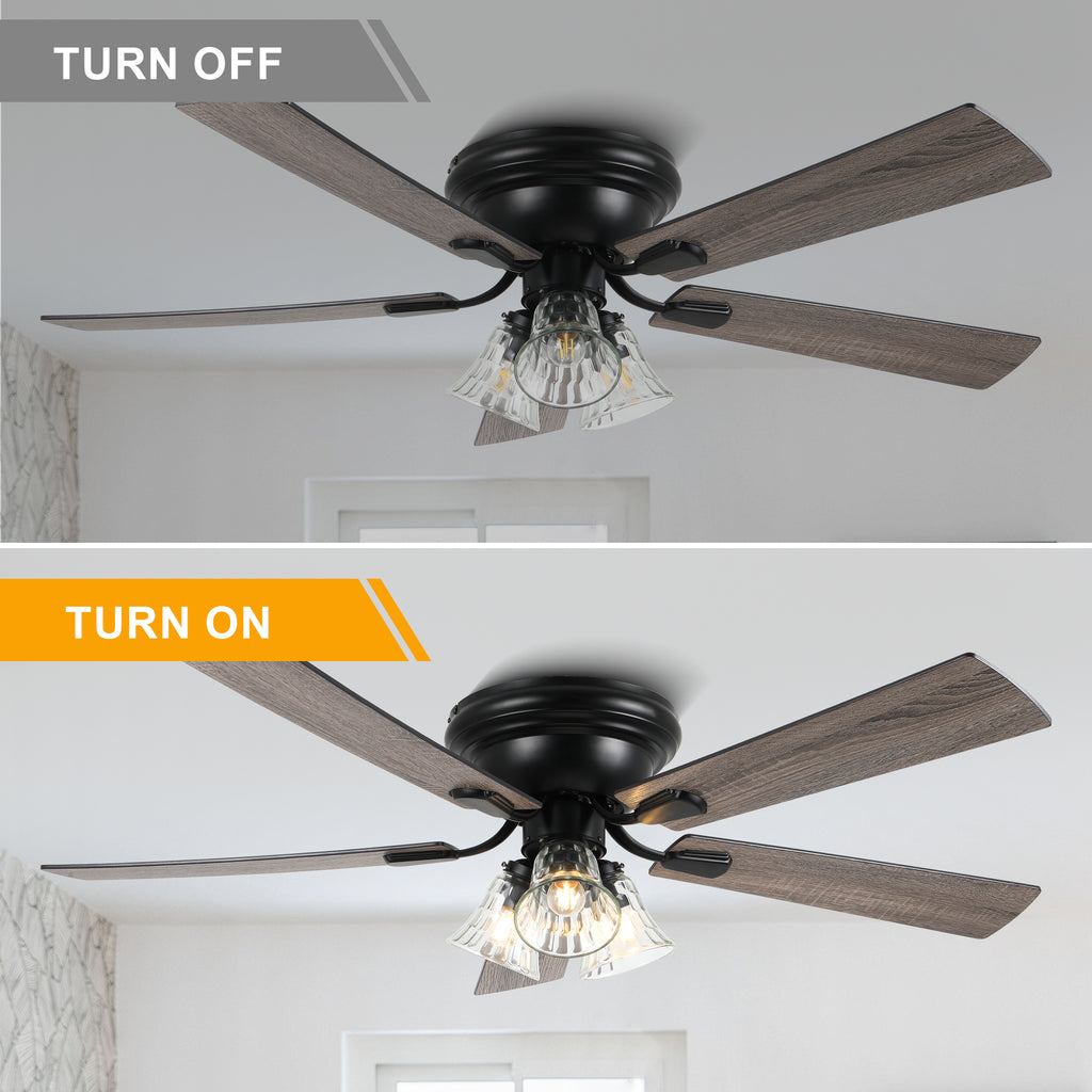52/60 Inch Black Farmhouse Flush Mount Ceiling Fan with Lights and Remote Control, 6 Speeds DC Motor Low Profile Ceiling Fan with Glass Shade