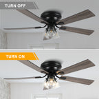 52/60 Inch Black Farmhouse Flush Mount Ceiling Fan with Lights and Remote Control, 6 Speeds DC Motor Low Profile Ceiling Fan with Glass Shade