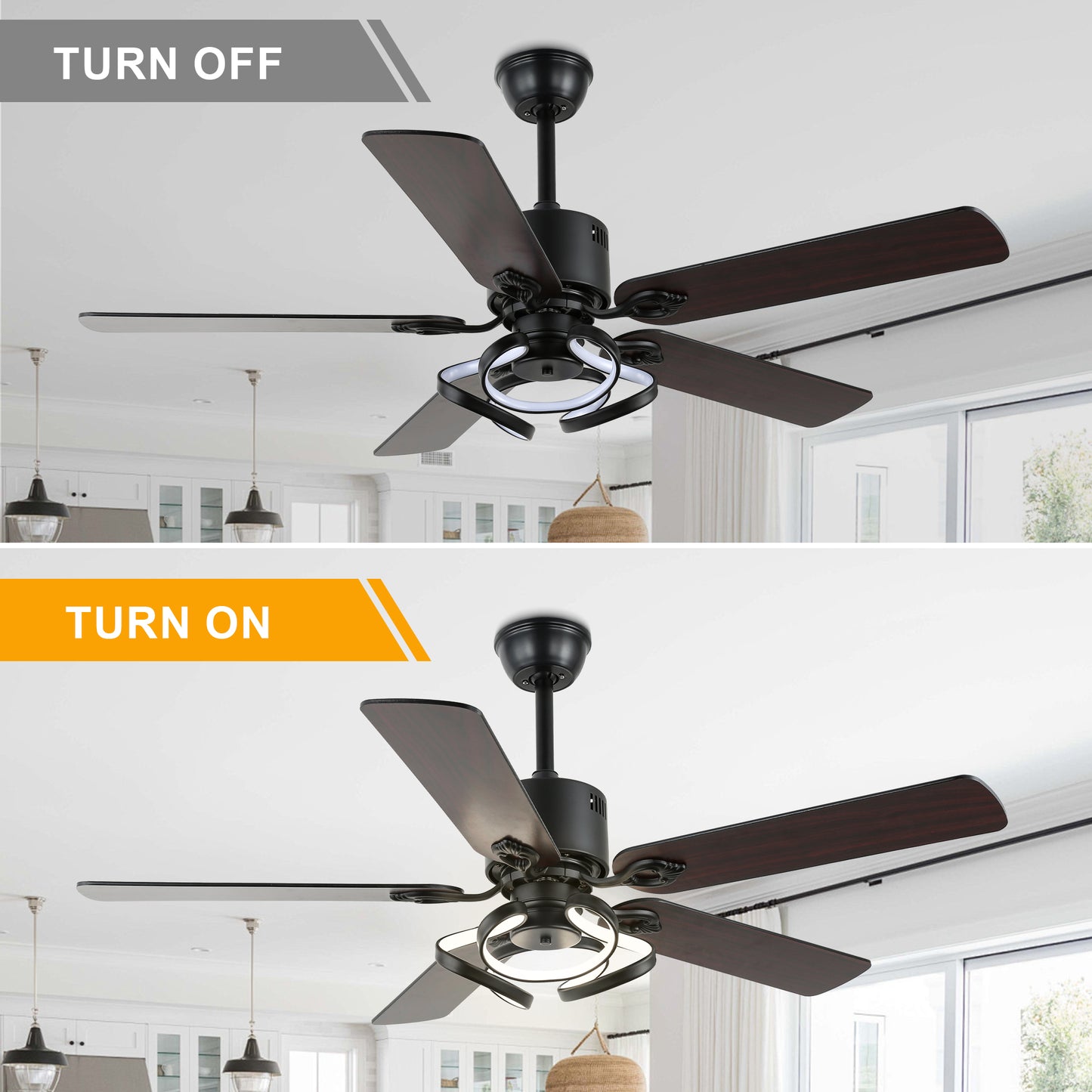 DC5217-52" 5 Wooden Blades Black/Chrome Finish Modern Reversible Ceiling Fan with Remote and Light Kit Included, 6-speed Dimmable Ceiling Fan