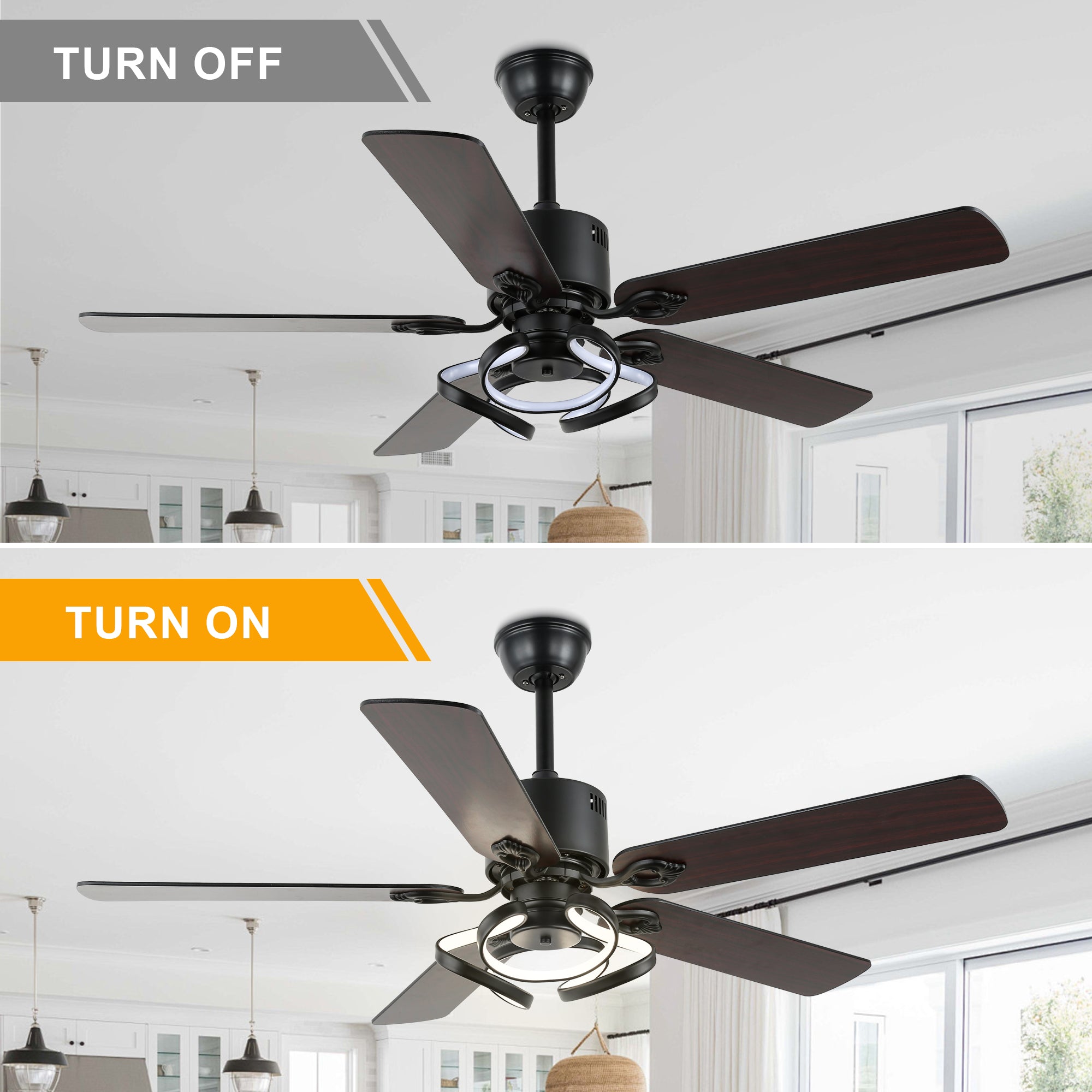 52 Inch Black/Chrome Modern Ceiling Fan with Led Light and Remote Control, 6 Speeds DC Motor Reversible Ceiling Fan for Living Room