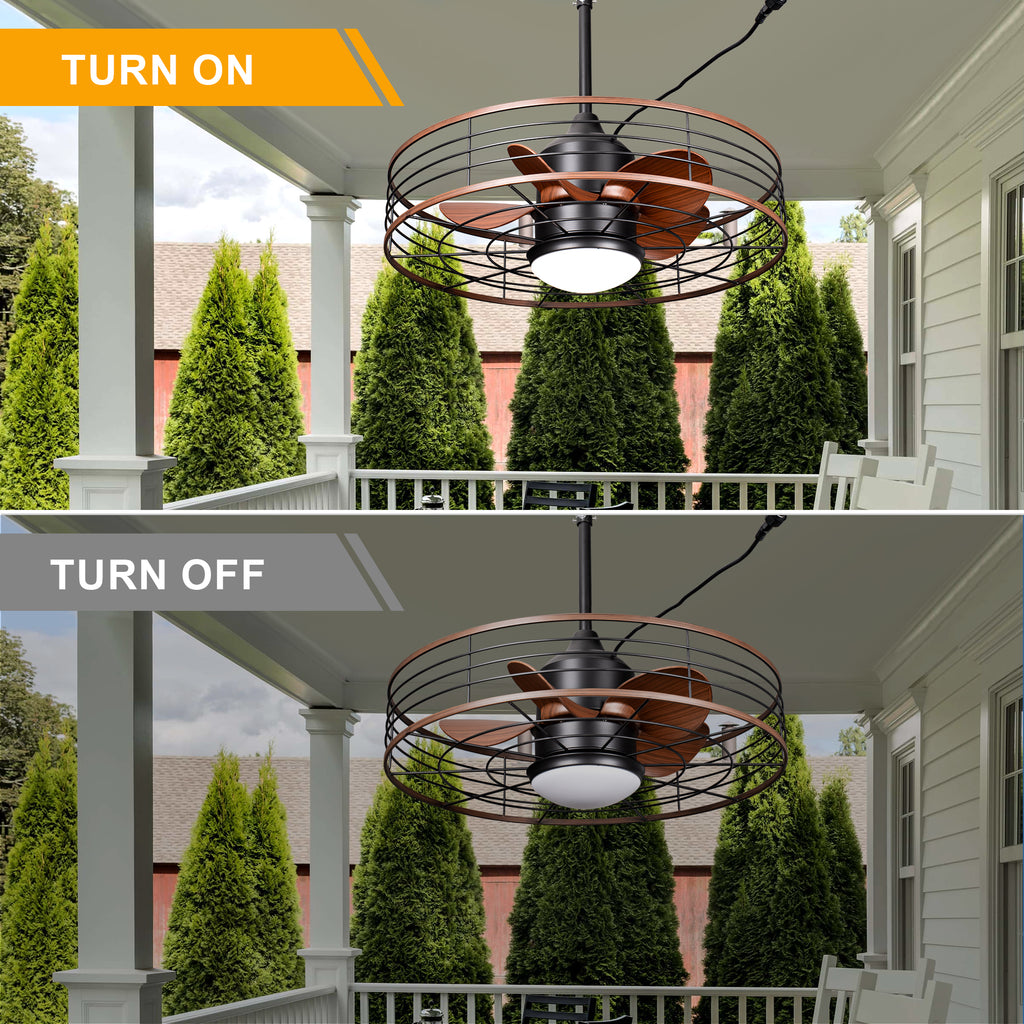 23.6 Inch Black Outdoor Dimmable Ceiling Fan with LED Light and Remote, Farmhouse Reversible 6 Speeds Quiet DC Motor Caged Ceiling Fan for Patio