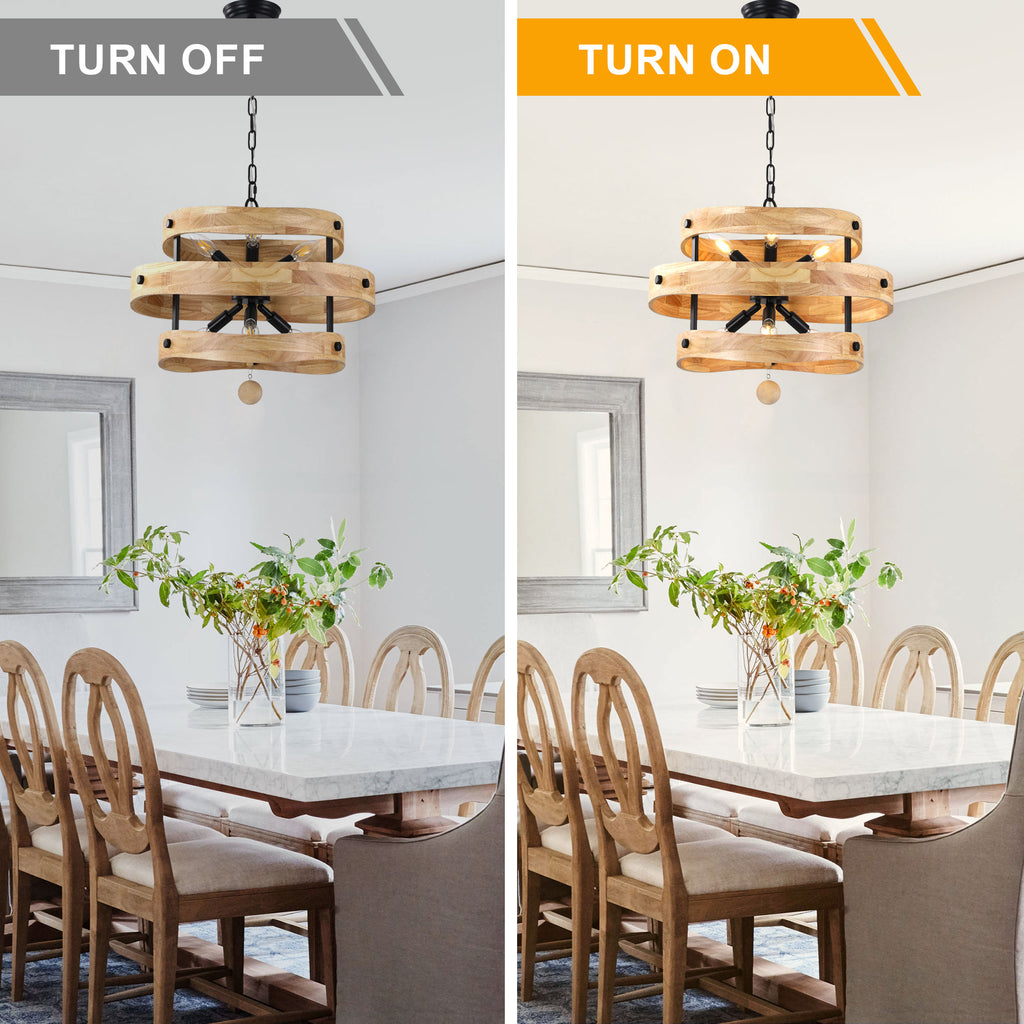 6-Light Farmhouse Weathered Wood Chandelier, 20" 3-Tiered Wooden Chandelier, Rustic Pendant Light for Dining Room