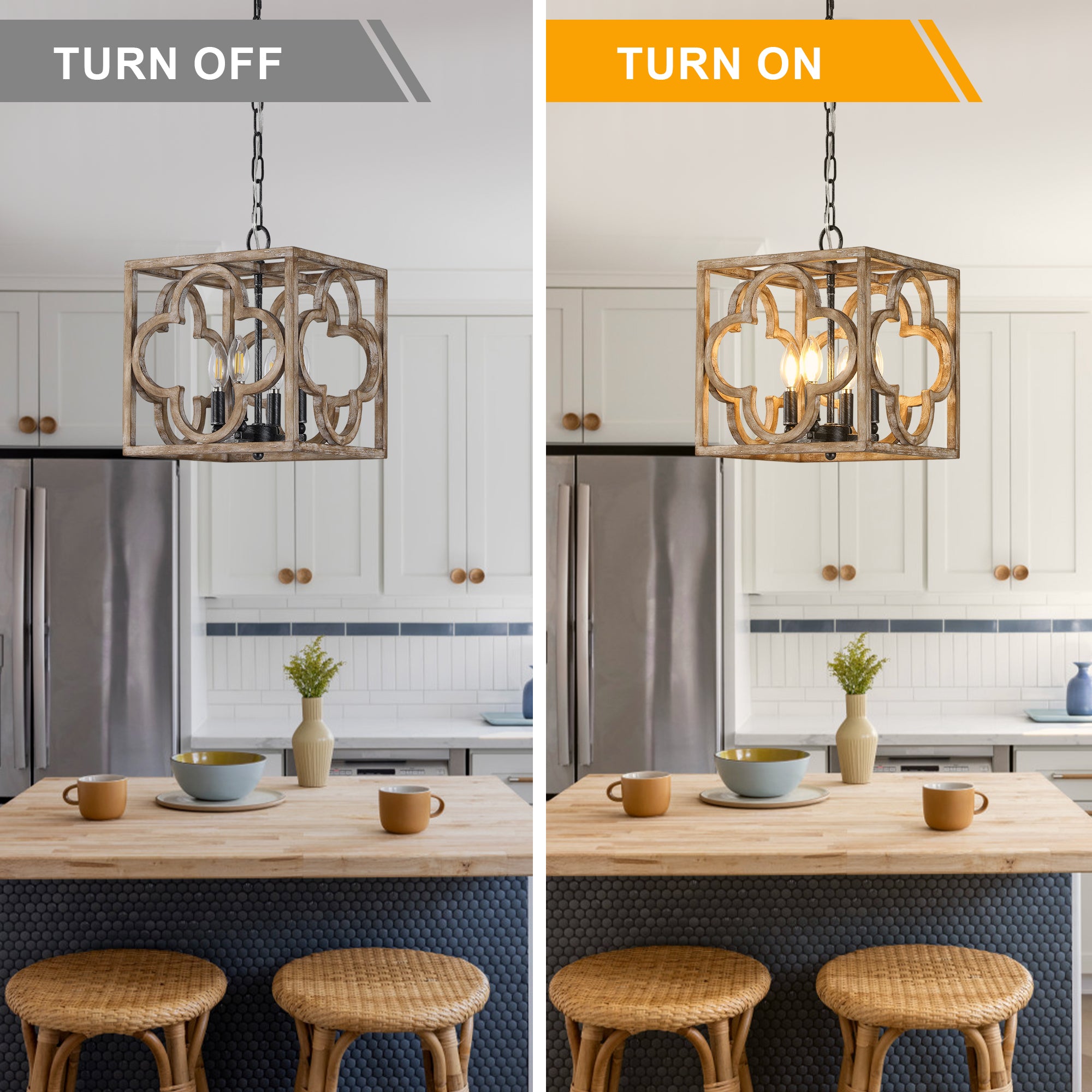 Farmhouse Wooden Square 14 Inch Chandelier with 4-Light Hollowed Out Handmade Wooden Adjustable Chain Chandelier Vintage Chandelier Suit for Bedrooms, Living rooms, Kitchens