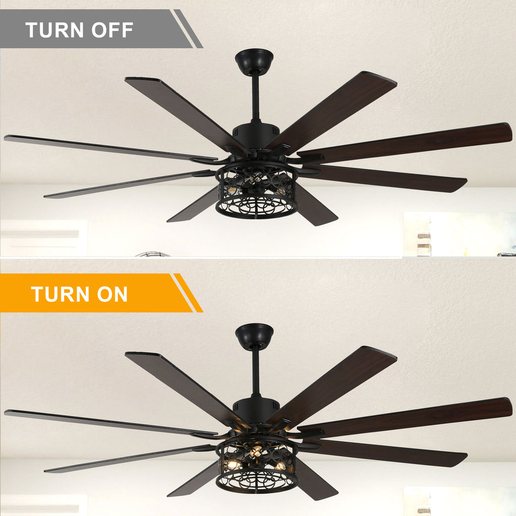 72 Inch 8-Blade Black/White Farmhouse Ceiling Fan with Lights and Remote, 6 Speeds DC Motor Reversible Extra Large Caged Ceiling Fan
