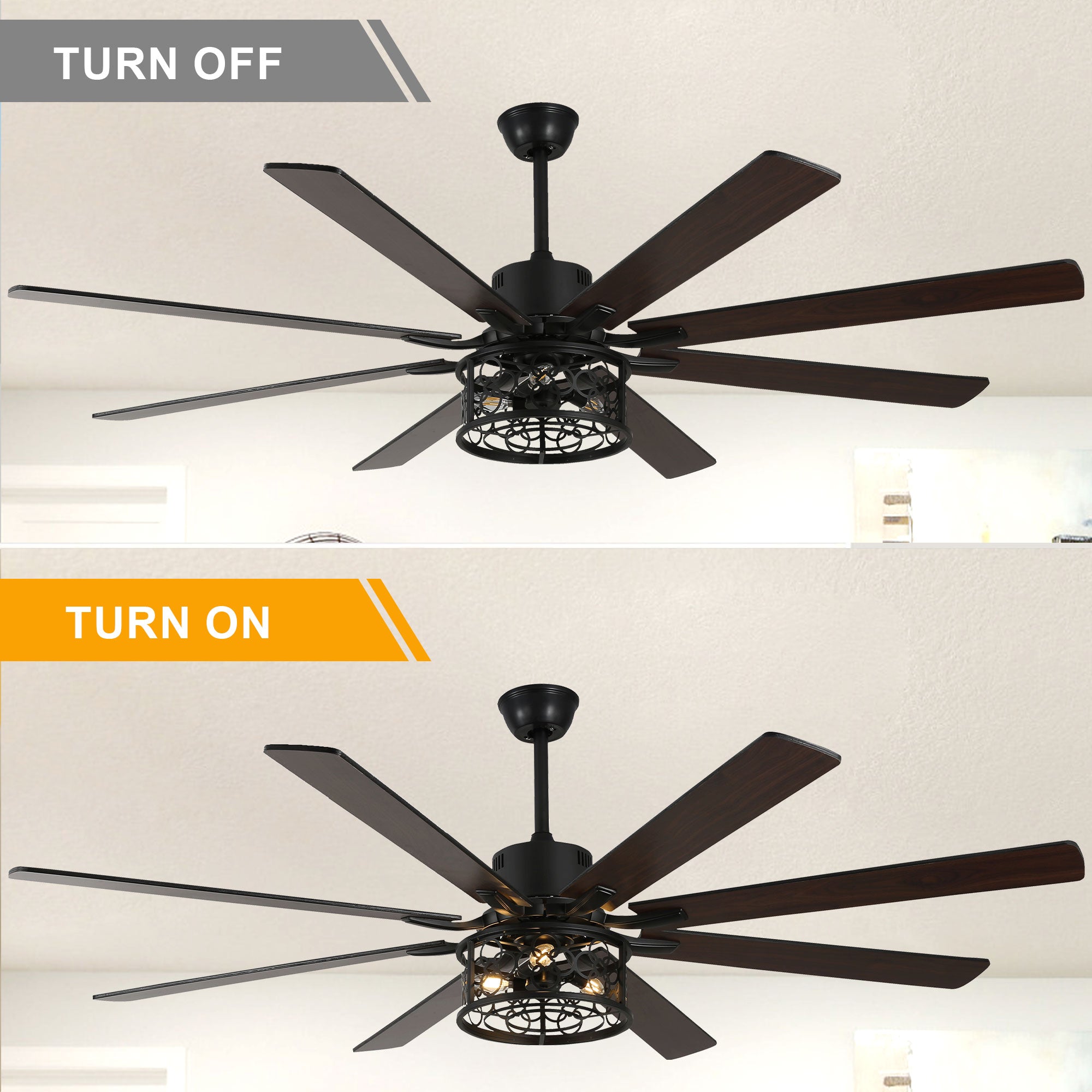 72 Inch 8-Blade Black/White Farmhouse Ceiling Fan with Lights and Remote, 6 Speeds DC Motor Reversible Extra Large Caged Ceiling Fan