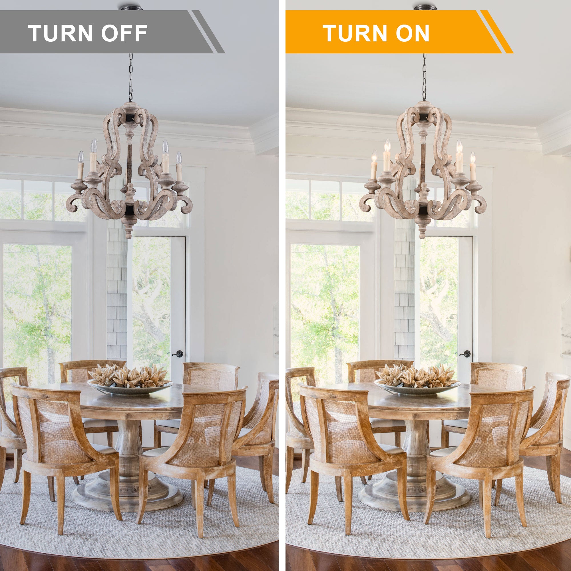 5 - Light Distressed Wood French Country Vintage Chandelier with Adjustable Height,  25" Farmhouse Chandelier for Dining Room
