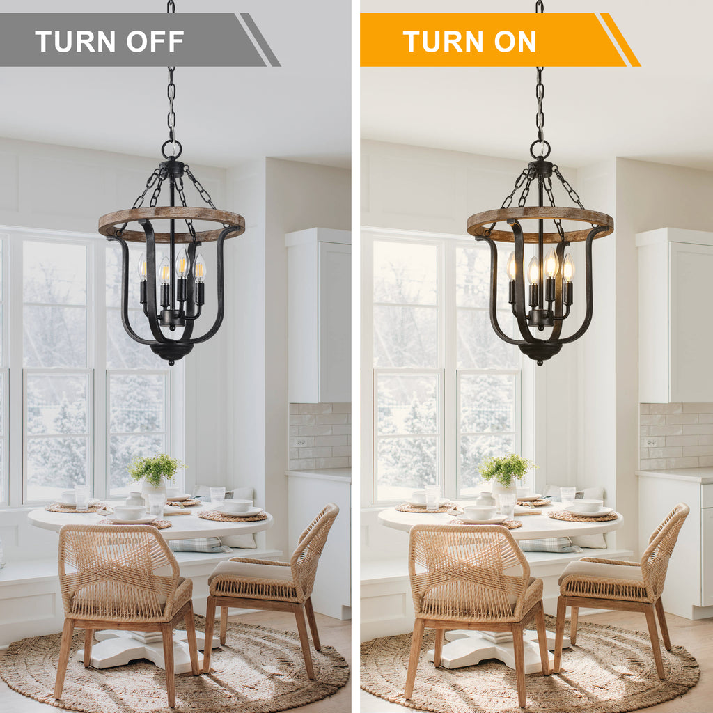 4 - Light Farmhouse Solid Wood Chandelier, 14" Geometric Rustic Hanging Chandelier with Adjustable Chain, Foyer Wood Light Fixture