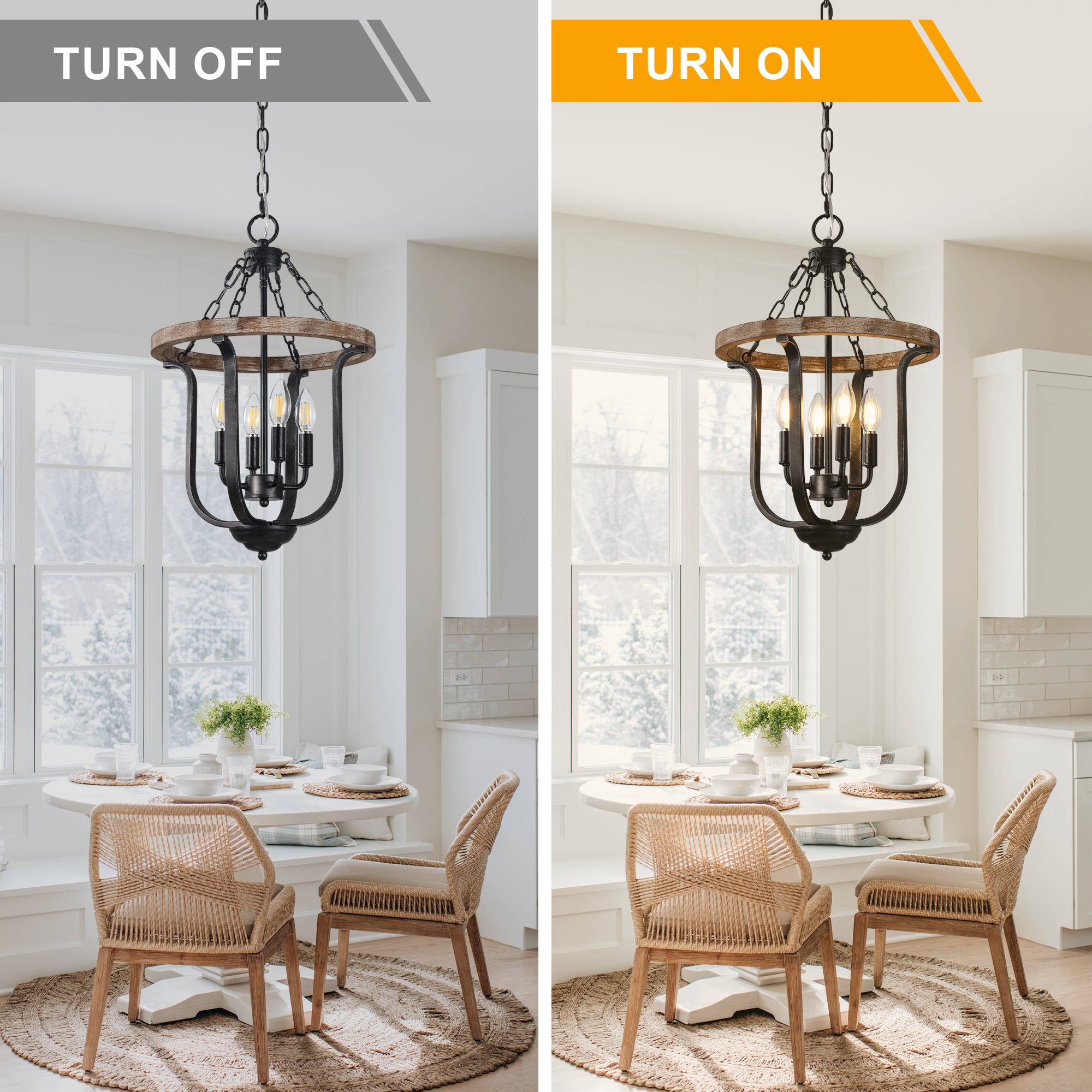 4 - Light Farmhouse Solid Wood Chandelier, 14" Geometric Rustic Hanging Chandelier with Adjustable Chain, Foyer Wood Light Fixture