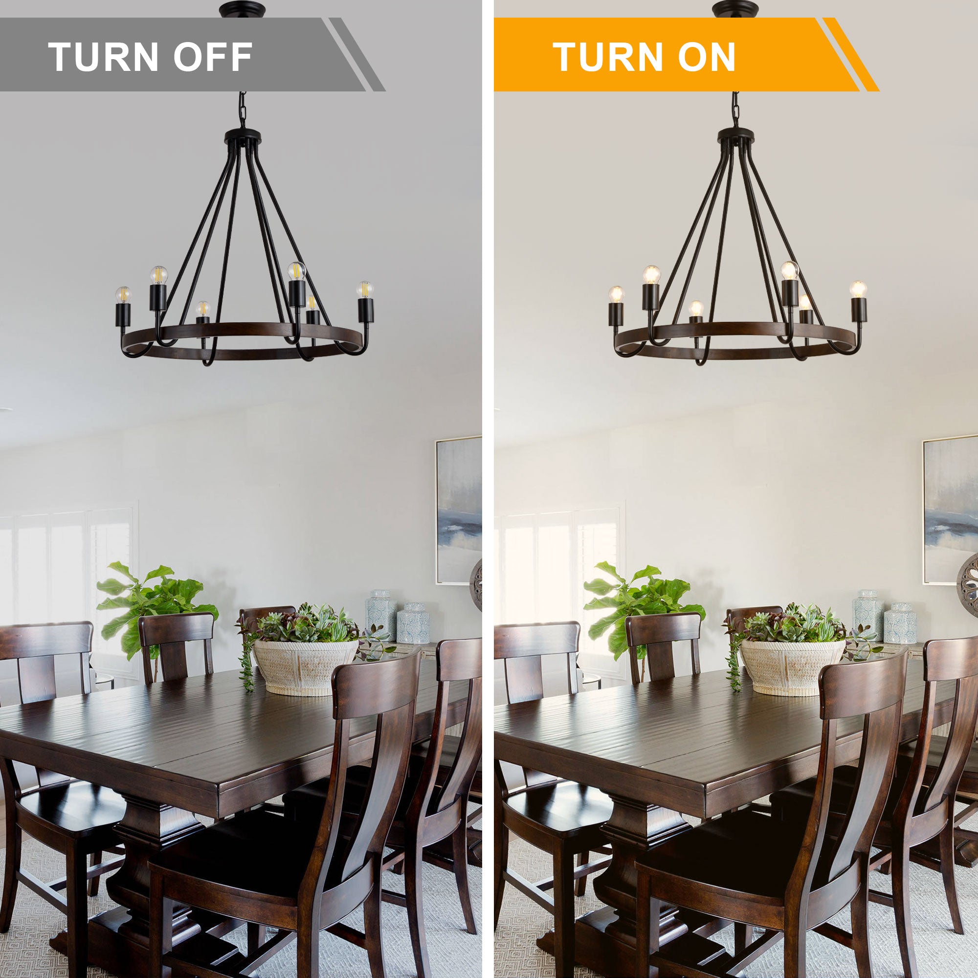 6 - Light Black Farmhouse Small Wagon Wheel Chandelier, 28" Round Chandelier Foyer Chandeliers with Height Adjustable