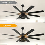 DC6501-BellaDepot 65" 8 Wooden Blades Black/Silver Finish Industrial Caged Reversible Ceiling Fan with Remote and 3 Lights, Large Size 6-speed Ceiling Fan