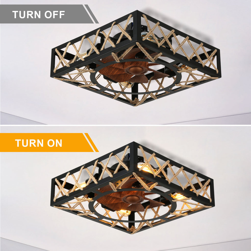 18 Inch Rectangular Industrial Farmhouse Flush Mount Ceiling Fan with Lights and Remote Control, 6 Speeds DC Motor Bladeless Ceiling Fan