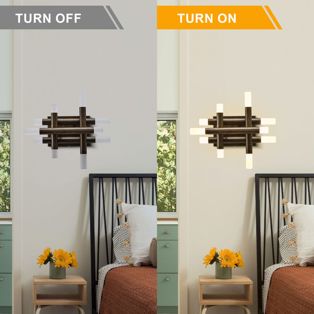 13 Inch Dark Brown Farmhouse Wood Flush Mount Wall Sconces with LED Lights, Rustic Wall Light for Hallway Bedroom