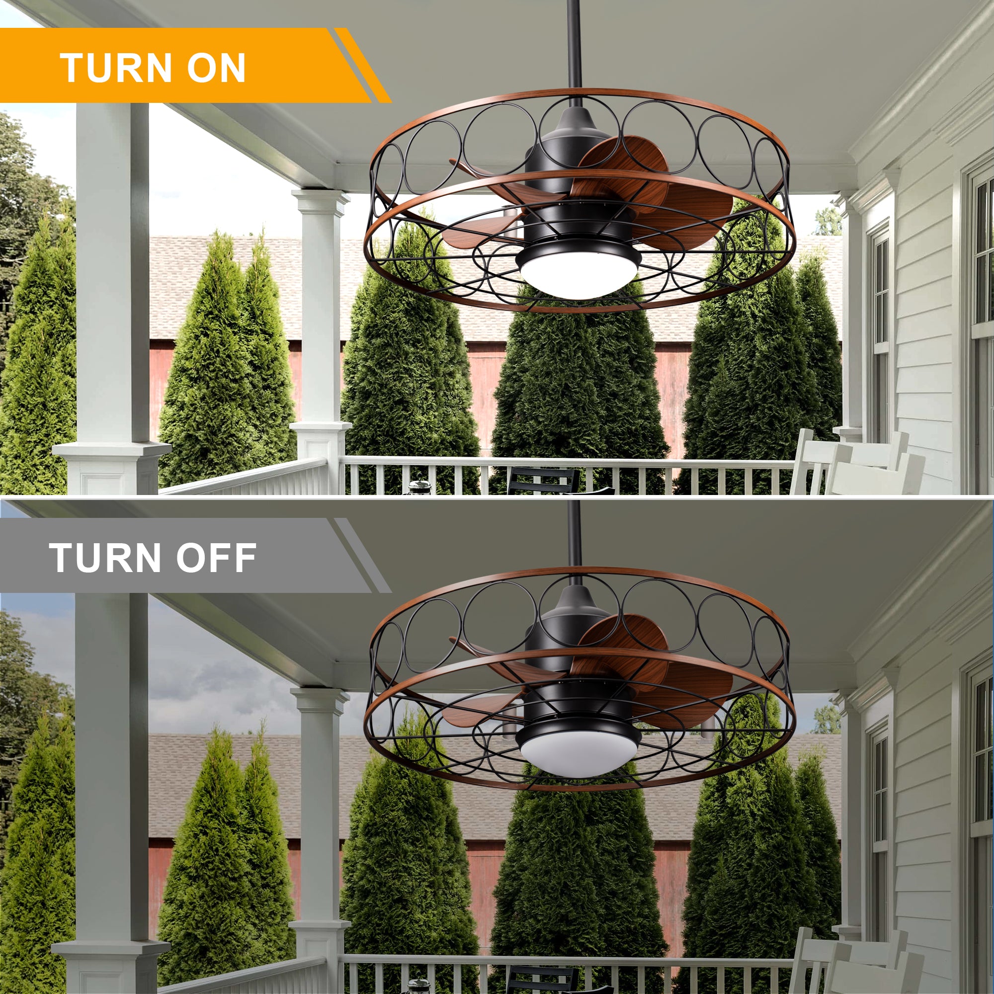 24 Inch Industrial Farmhouse Outdoor Caged Ceiling Fan with LED Lights and Remote, 6 Speed DC Motor Patio Ceiling Fan Waterproof