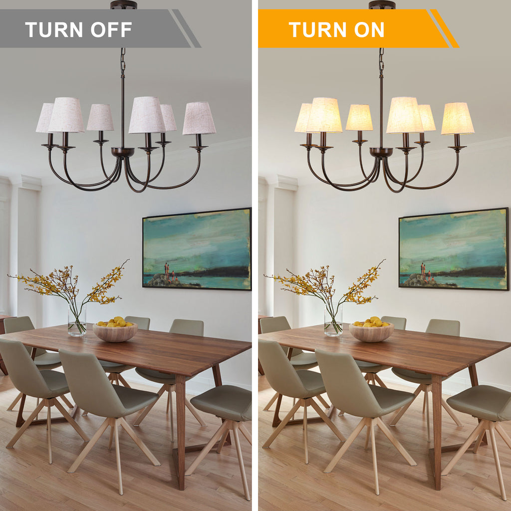 6-Light Black Farmhouse Chandelier with Fabric Shades, 30 Inch Classic Dining Room Light Fixture, Adjustable Pendant Lighting for Kitchen Island