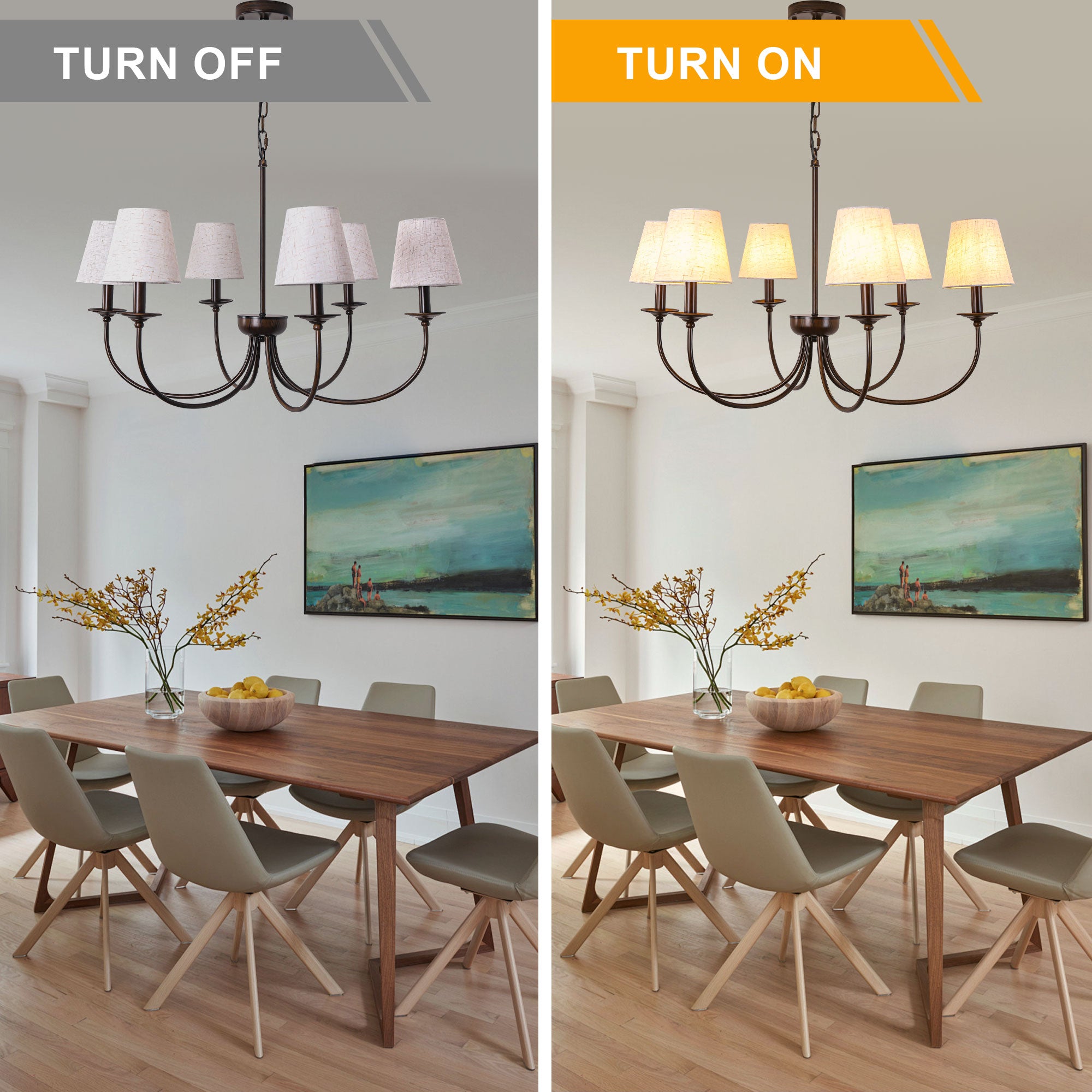 6-Light Black Farmhouse Chandelier with Fabric Shades, 30 Inch Classic Dining Room Light Fixture, Adjustable Pendant Lighting for Kitchen Island