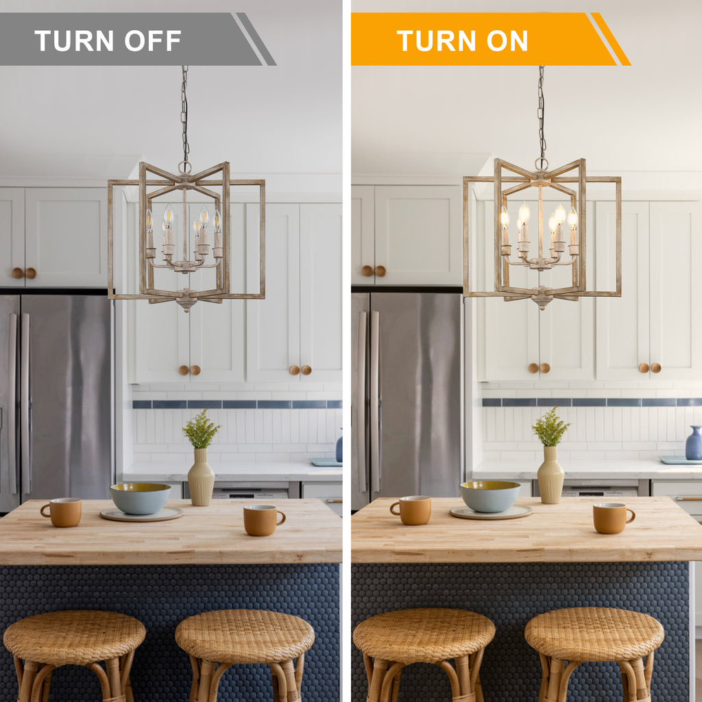 6 - Lights Cottage Distressed Wood Chandelier, 15.7" Height Adjustable Farmhouse Geometric Chandelier