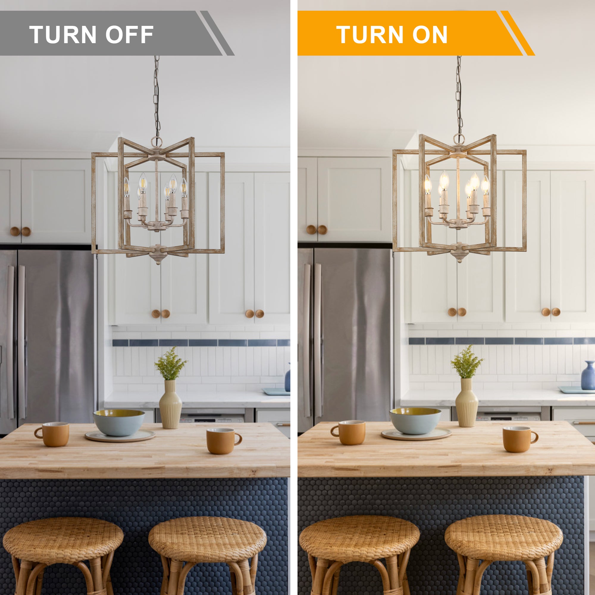 6 - Lights Cottage Distressed Wood Chandelier, 15.7" Height Adjustable Farmhouse Geometric Chandelier