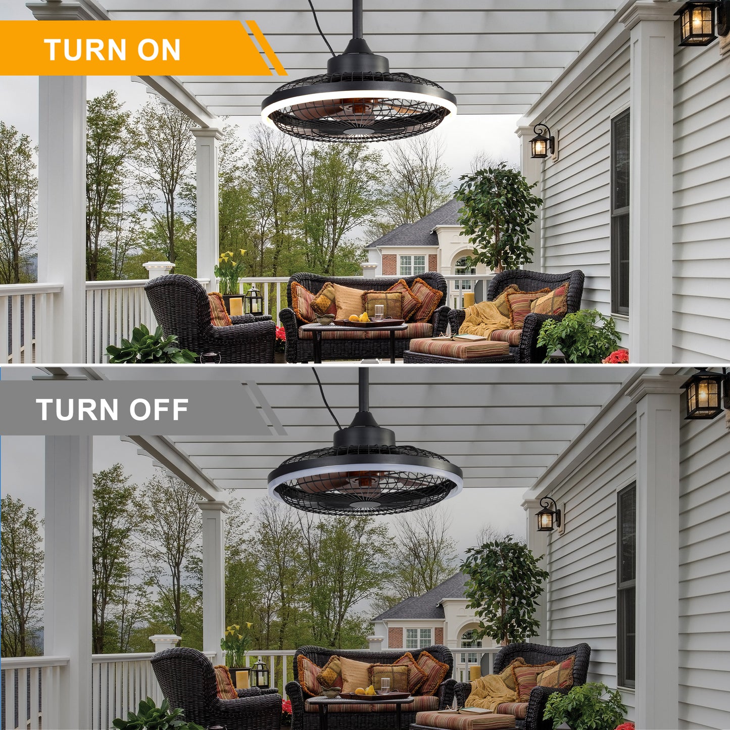 HW2001-BellaDepot 20" Compact Outdoor Caged Ceiling Fan with Remote Control, Waterproof Fan with LED Lights