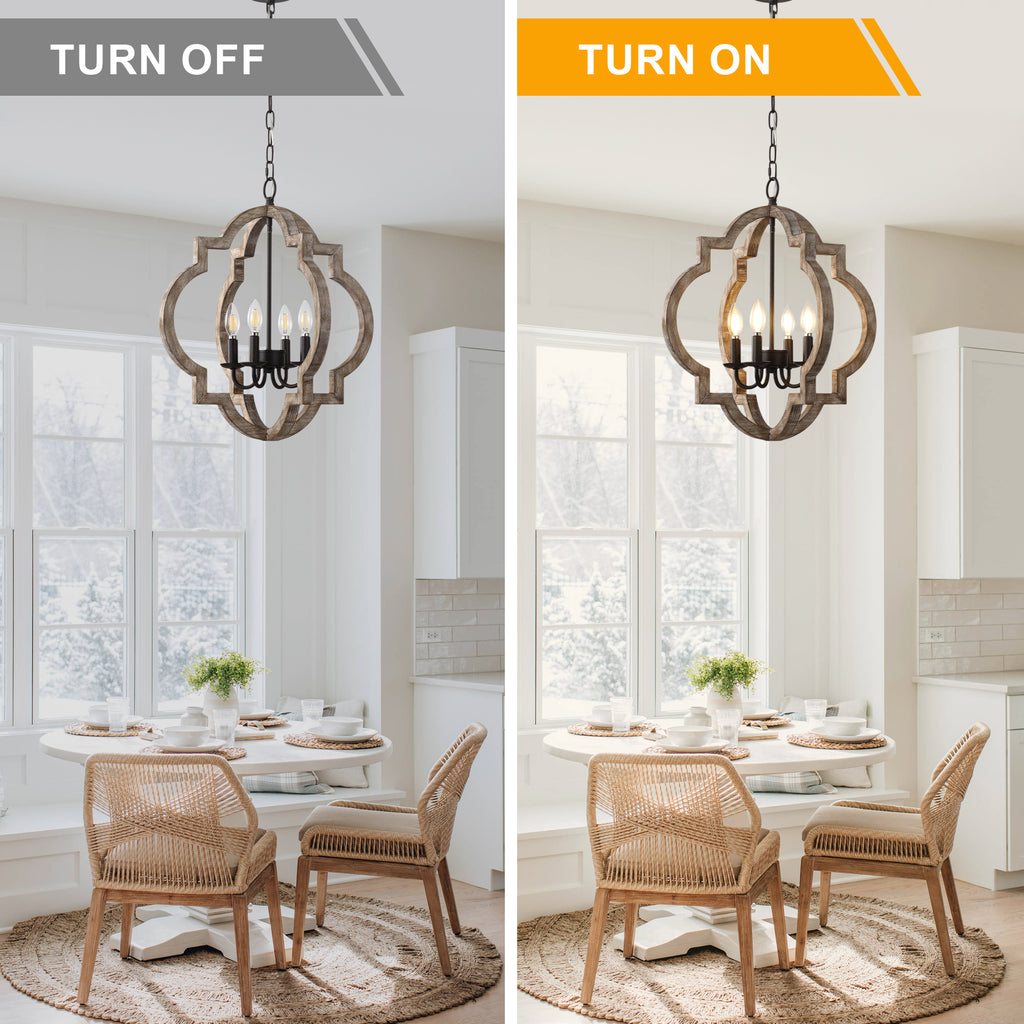 Vintage Farmhouse 22 Inch Chandelier Adjustable Height 4 Light Caged Chandelier Retro Handmade Wooden Pendant Light Suit for Living Rooms, Bedrooms, Kitchens
