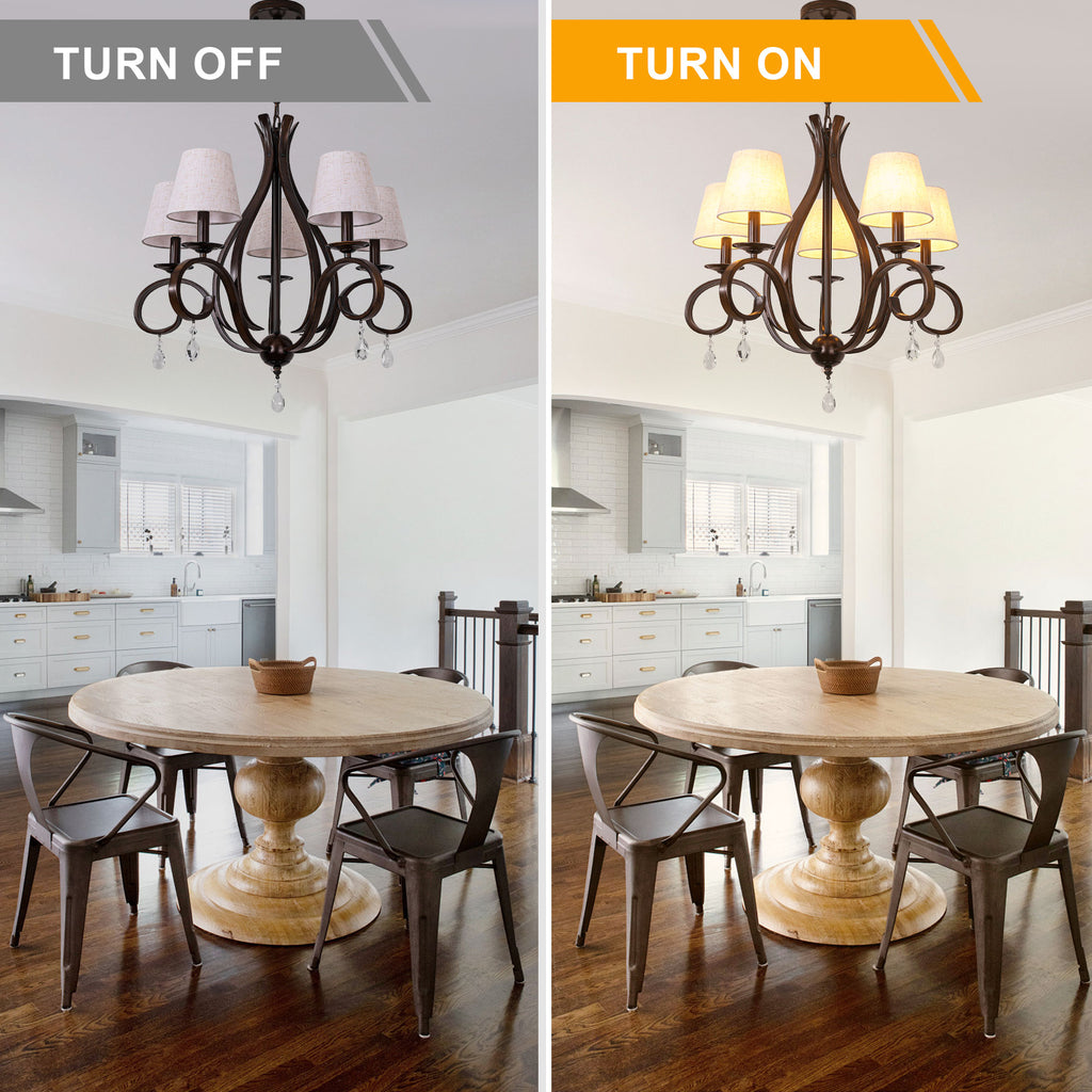 5 - Light Aged Brass Traditional Chandelier, Rustic Bronze Farmhouse Chandelier with Fabric Shades Candle Style Classic Chandelier for Living Room