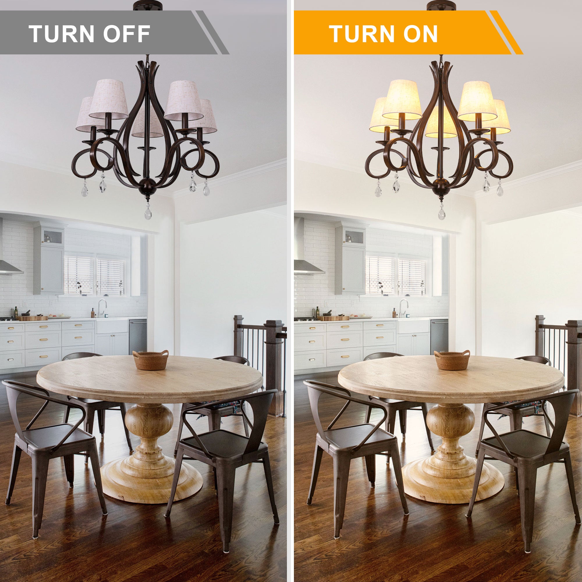 5 - Light Aged Brass Traditional Chandelier, Rustic Bronze Farmhouse Chandelier with Fabric Shades Candle Style Classic Chandelier for Living Room