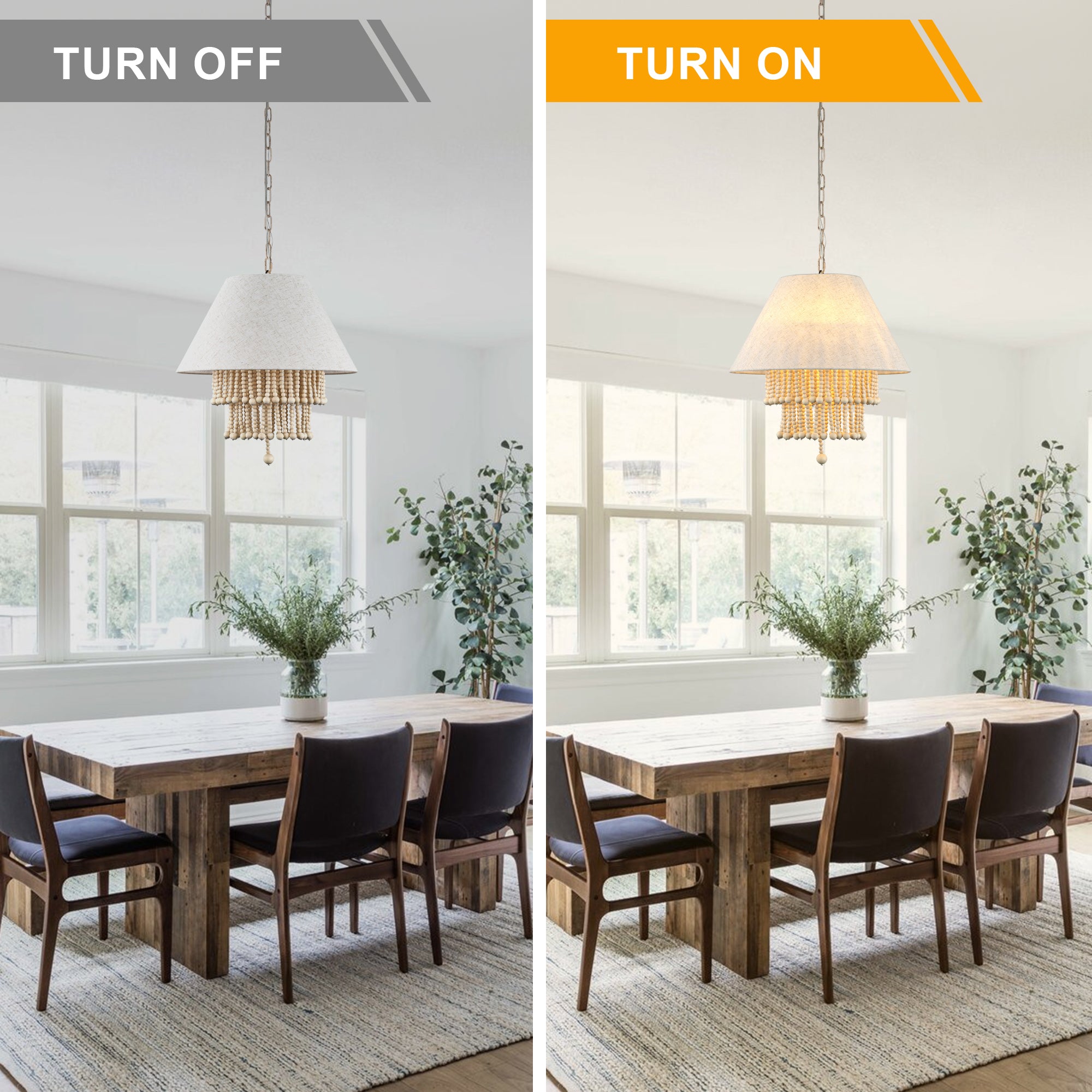 3 - Lights Bohemian Drum Chandelier with Wood Beaded Shade, Fabric Chandelier for Dining Room Living Room