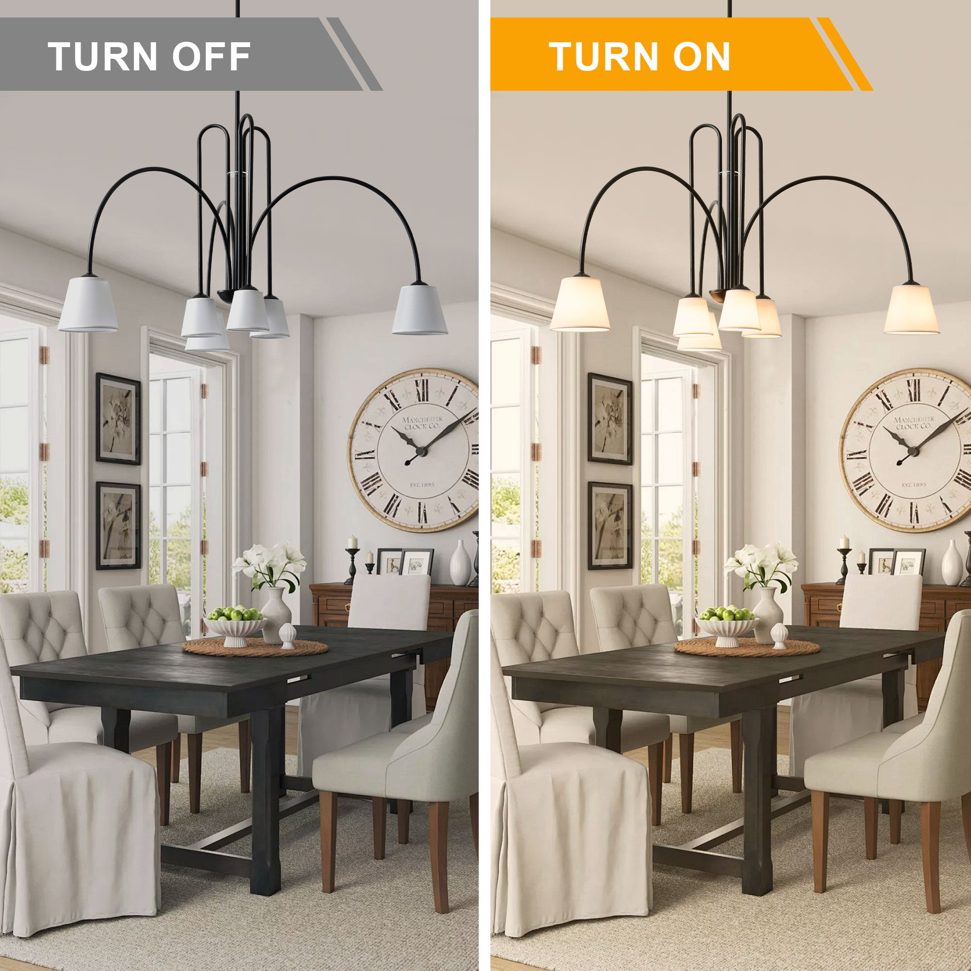 6-Light Black Modern Chandelier with White Fabric Shades, Linear Sputnik Dining Room Chandelier, Modern Farmhouse Ceiling Light Fixture