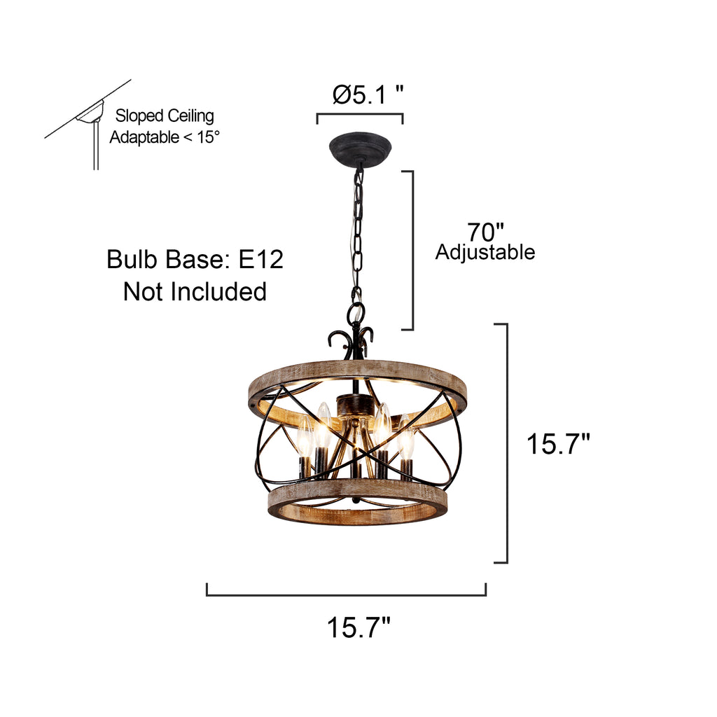 5 - Lights 15.7" Distressed Wood/White Mid-Century Caged Chandelier, Adjustable Chain Pendant Light Rustic Drum Chandelier