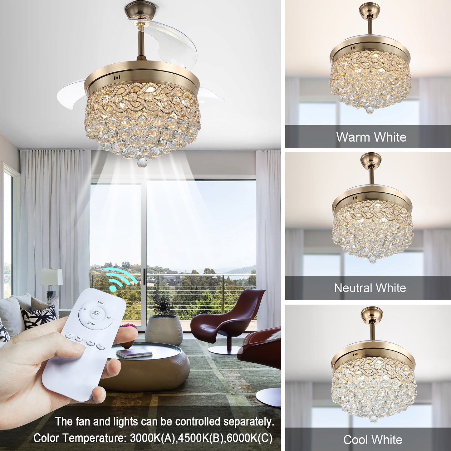 42" Modern Crystal Ceiling Fan with LED Light, Retractable Chandelier Fan