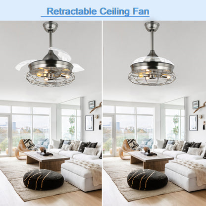 36" / 42" Modern Industrial 3-Light Retractable Ceiling Fan with Remote and Cage Frame