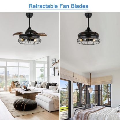 42" Modern Industrial 3-Light Retractable Ceiling Fan with Cage Frame