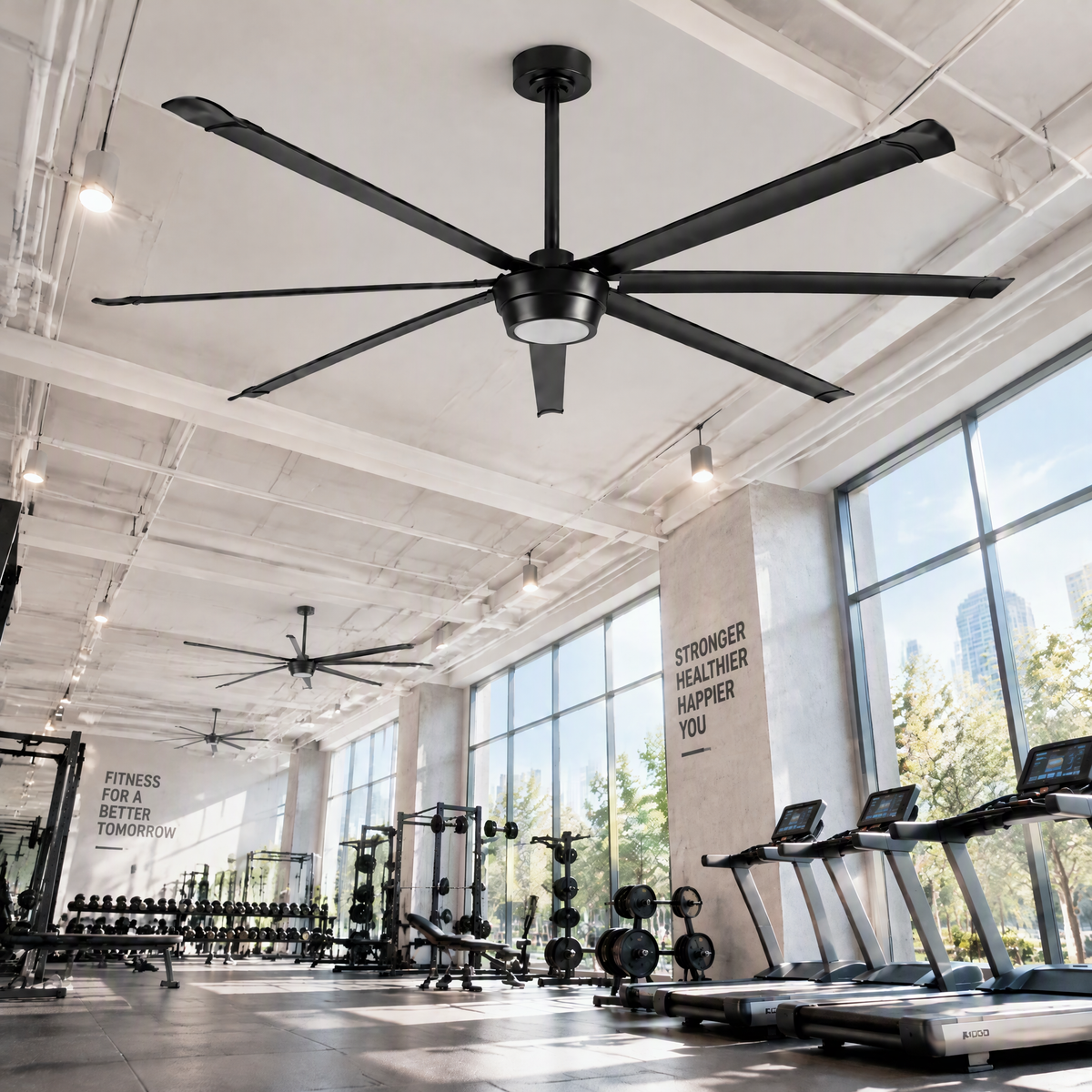 Industrial 100 Inch Large Down Rod Ceiling Fan 7 Blades Metal Ceiling Fan with Reversible Quiet DC Motor Remote Control with 6 Speed Ceiling Fan Suit for Factory, Living Room, Farmhouse