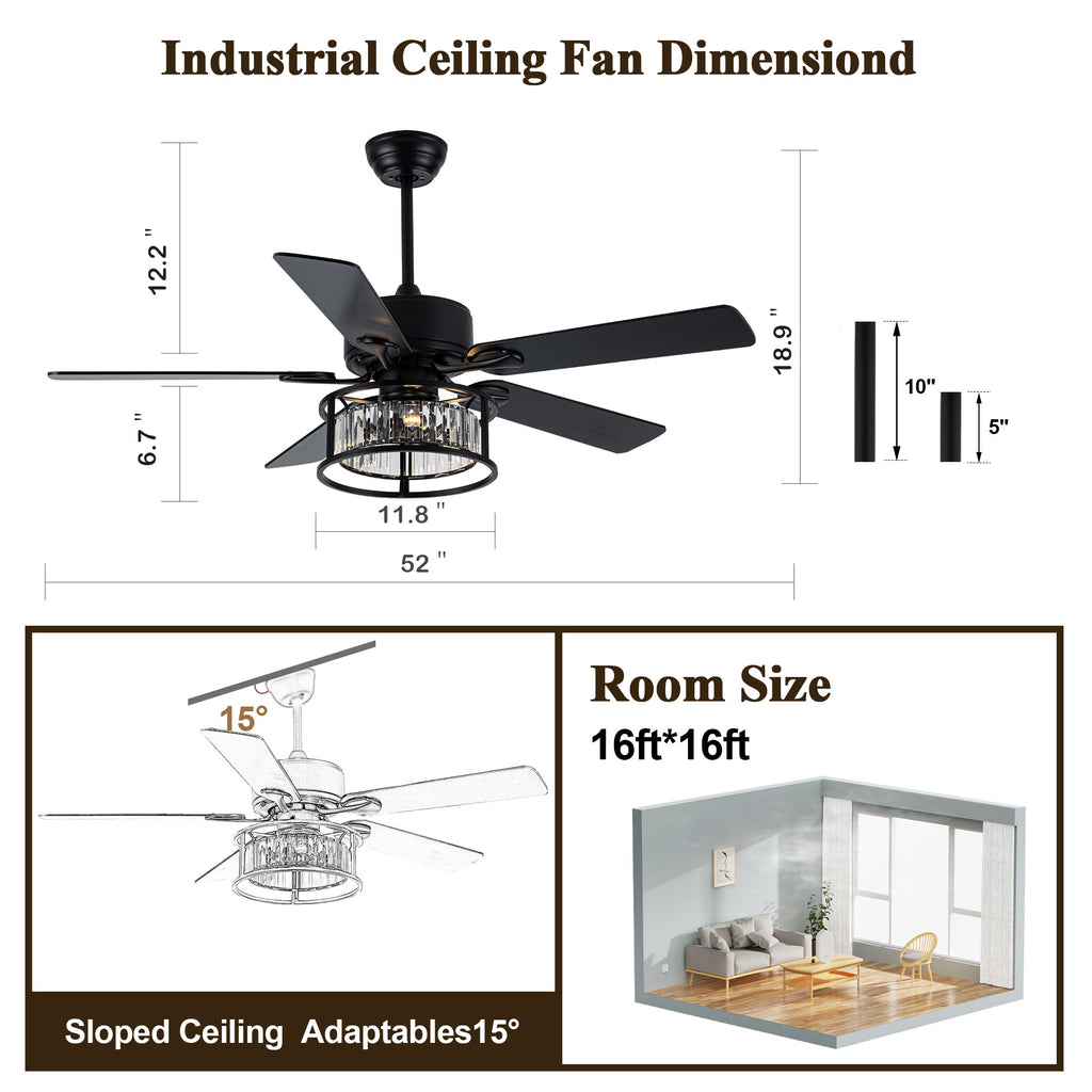BD2067-BellaDepot 52" Luxury Crystal Caged Reversible Ceiling Fan with Remote and 3 Lights, DC Motor Ceiling Fan