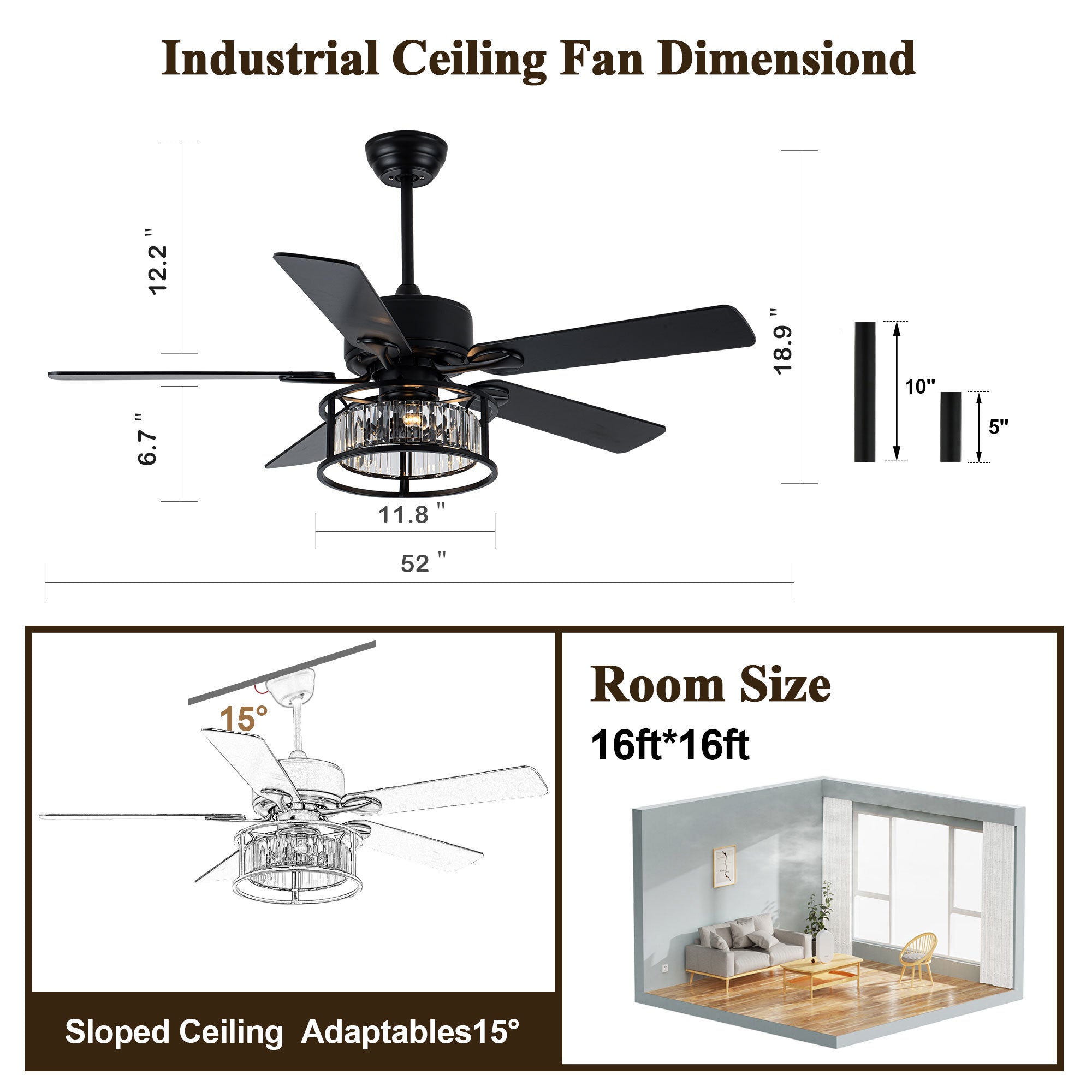 BD2067-BellaDepot 52" Luxury Crystal Caged Reversible Ceiling Fan with Remote and 3 Lights, DC Motor Ceiling Fan