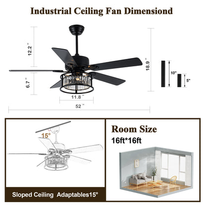 BD2067-52 Inch Luxury Crystal Caged Reversible Black Color Ceiling Fan with Remote and Lights DC Motor 6 Speeds