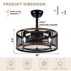 20 Inch Farmhouse Industrial Cage Ceiling Fan with Light and Remote, 6-Speed Reversible DC Motor Fandelier Bladeless Ceiling Fan