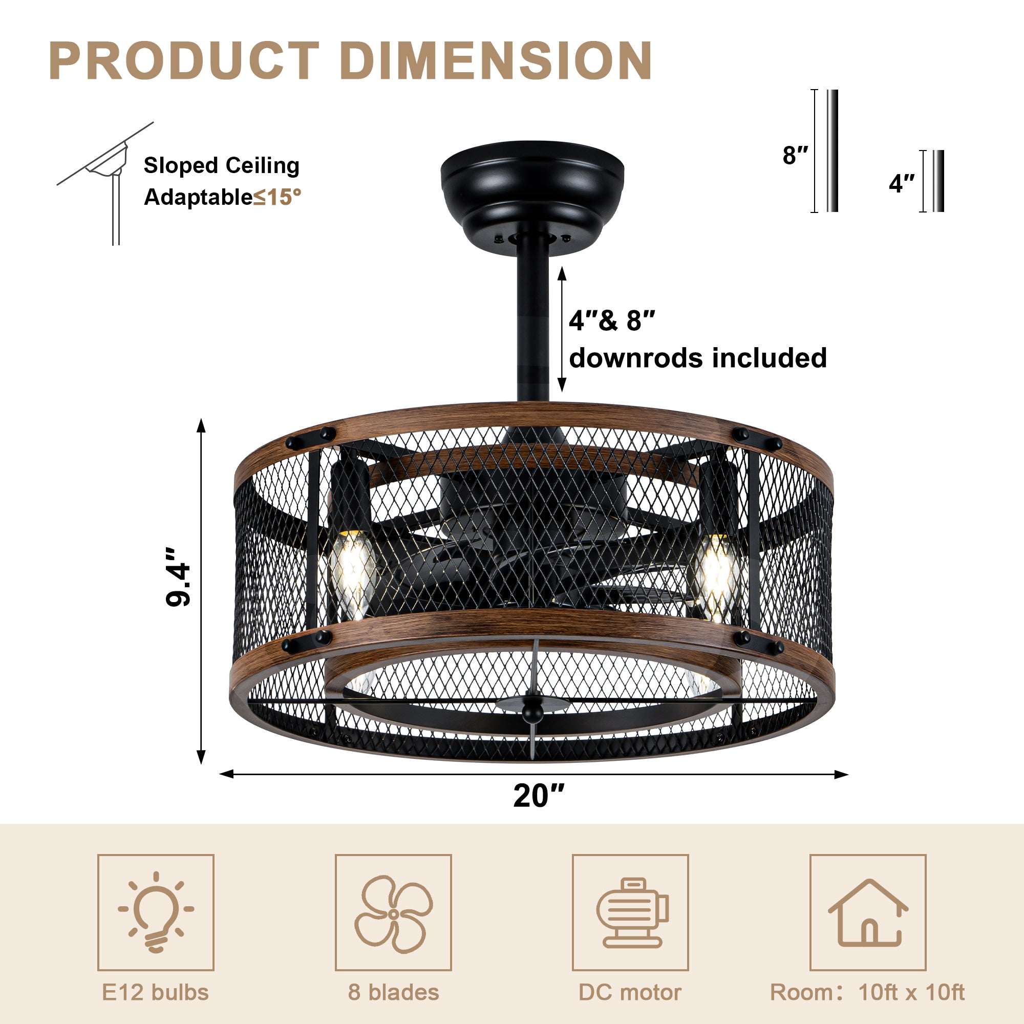 20 Inch Farmhouse Industrial Cage Ceiling Fan with Light and Remote, 6-Speed Reversible DC Motor Fandelier Bladeless Ceiling Fan