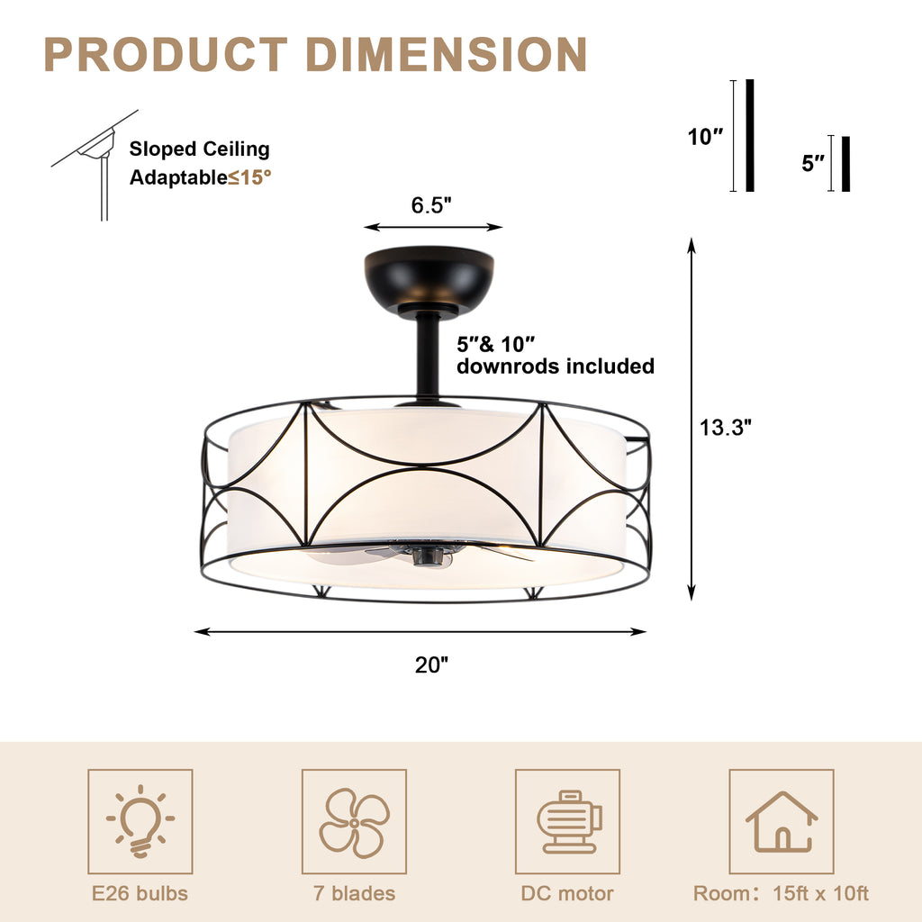 Bohemia Style 20 Inch Caged Retractable Ceiling Fan with Light Quiet Reversible DC Motor 6 Speed Timer Remote Control Ceiling Fan Adjustable Down Rods Ceiling Fan Suit for Kitchen, Bedroom,Living Room