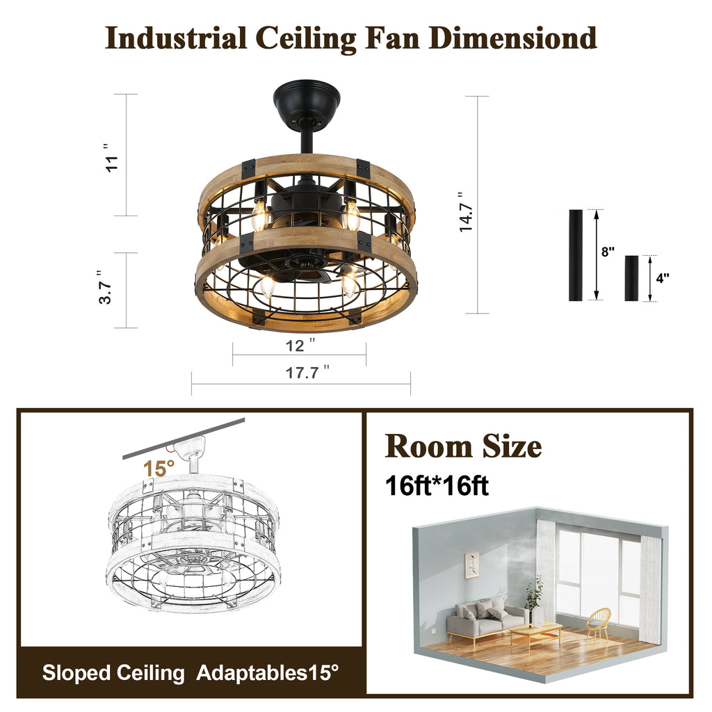 BD1812-BellaDepot 17.7" Cottage Metal Caged Reversible Ceiling Fan with Remote and 6 Lights, Wooden Ceiling Fan