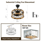 BD1812-BellaDepot 17.7" Cottage Metal Caged Reversible Ceiling Fan with Remote and 6 Lights, Wooden Ceiling Fan