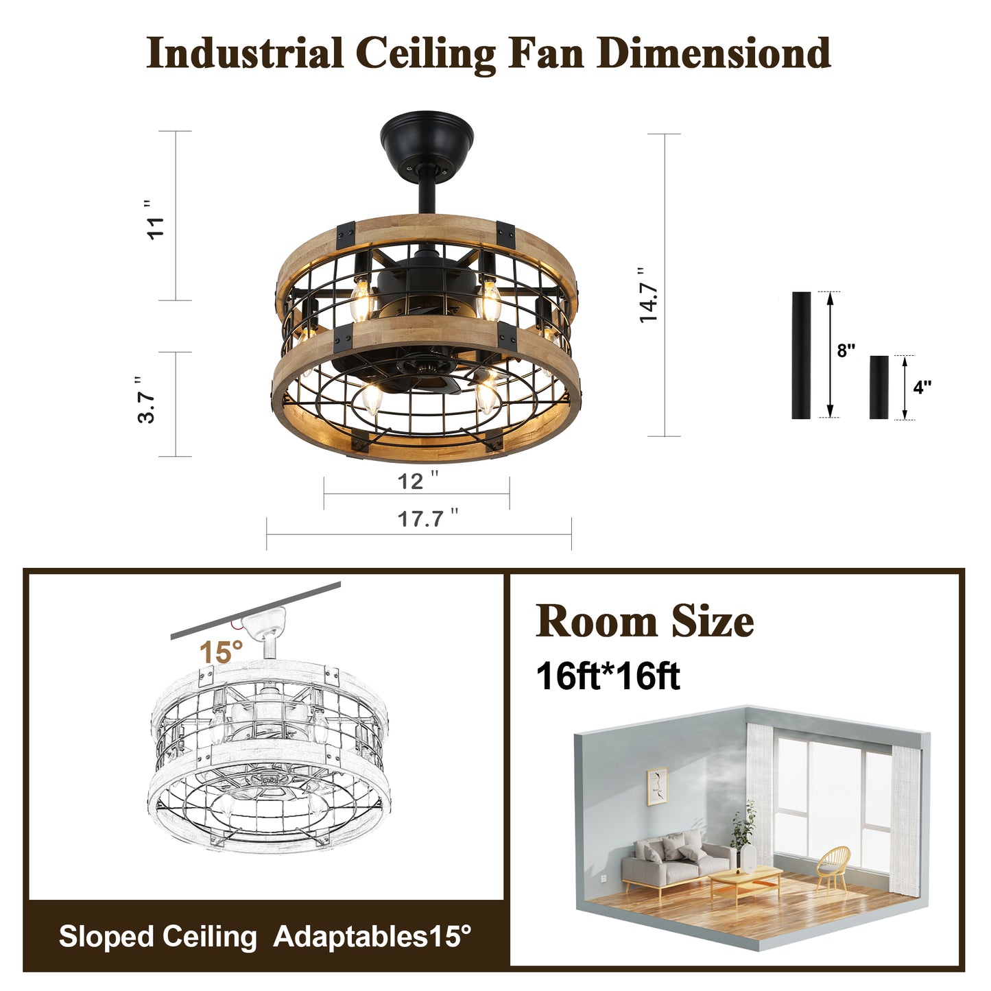 BD1812-17.7 Inch Metal Caged Reversible Ceiling Fan with Remote and Lights