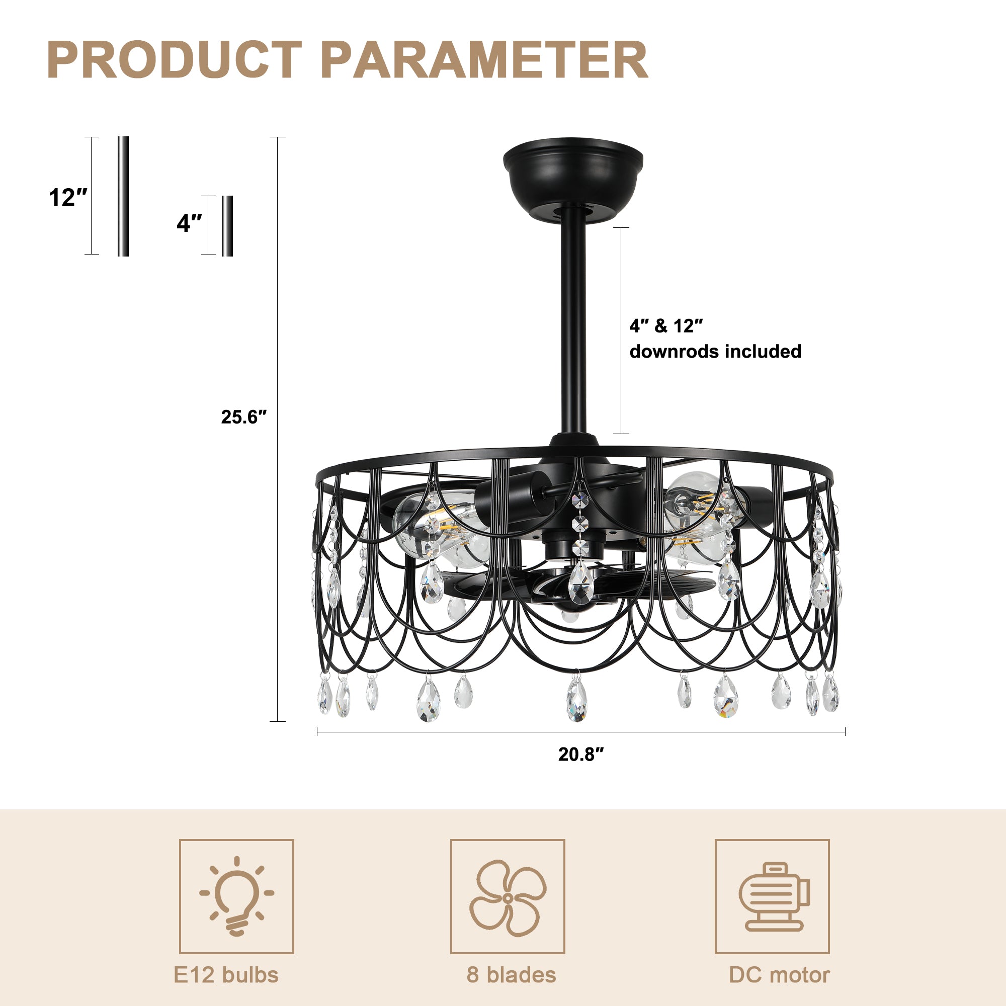DC2105-BellaDepot 20.8" Black/Silver Dream Crystal Reversible Ceiling Fan with Remote and 4 Lights, 6-speed Bladeless Ceiling Fan