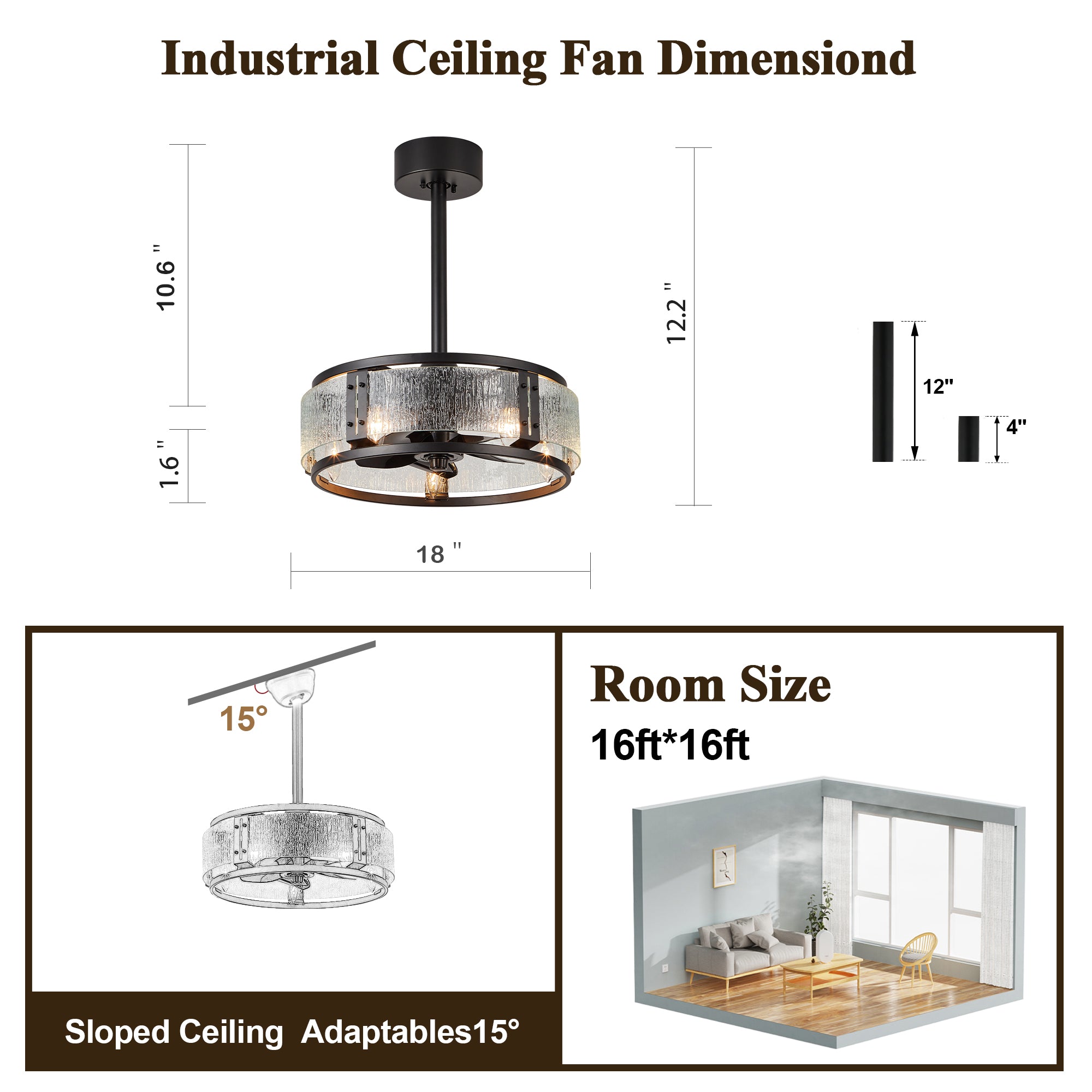 GED004-BellaDepot 18" Modern Water Ripple Glass Reversible Ceiling Fan with Remote and 5 Lights